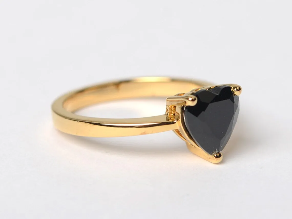 Natural Heart Cut Black Onyx Solitaire Promise Rings For Women - 14k Gold Vermeil Rings