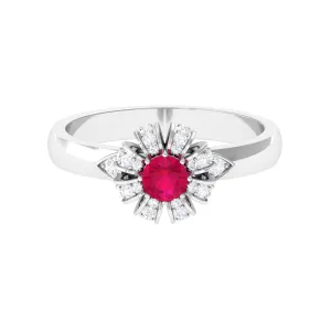 Natural Ruby Flower Promise Ring with Diamond