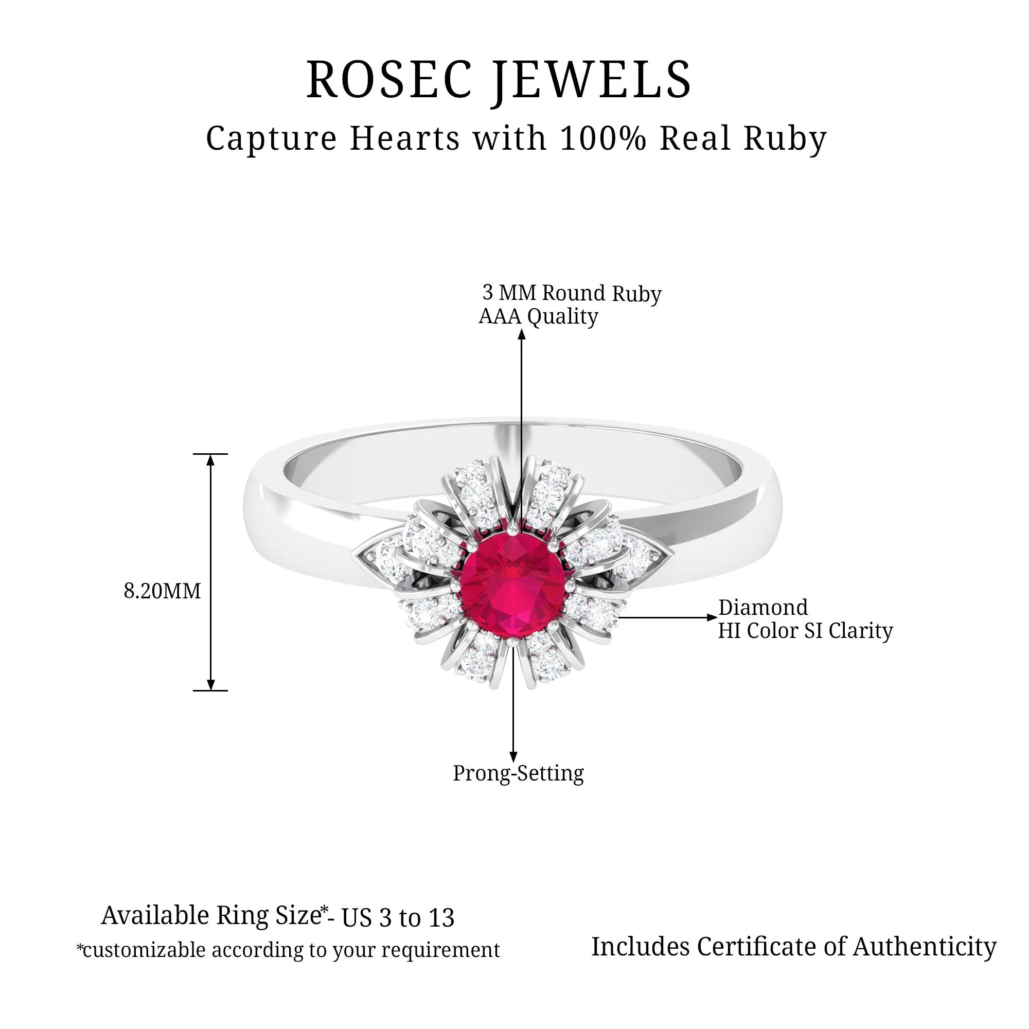 Natural Ruby Flower Promise Ring with Diamond