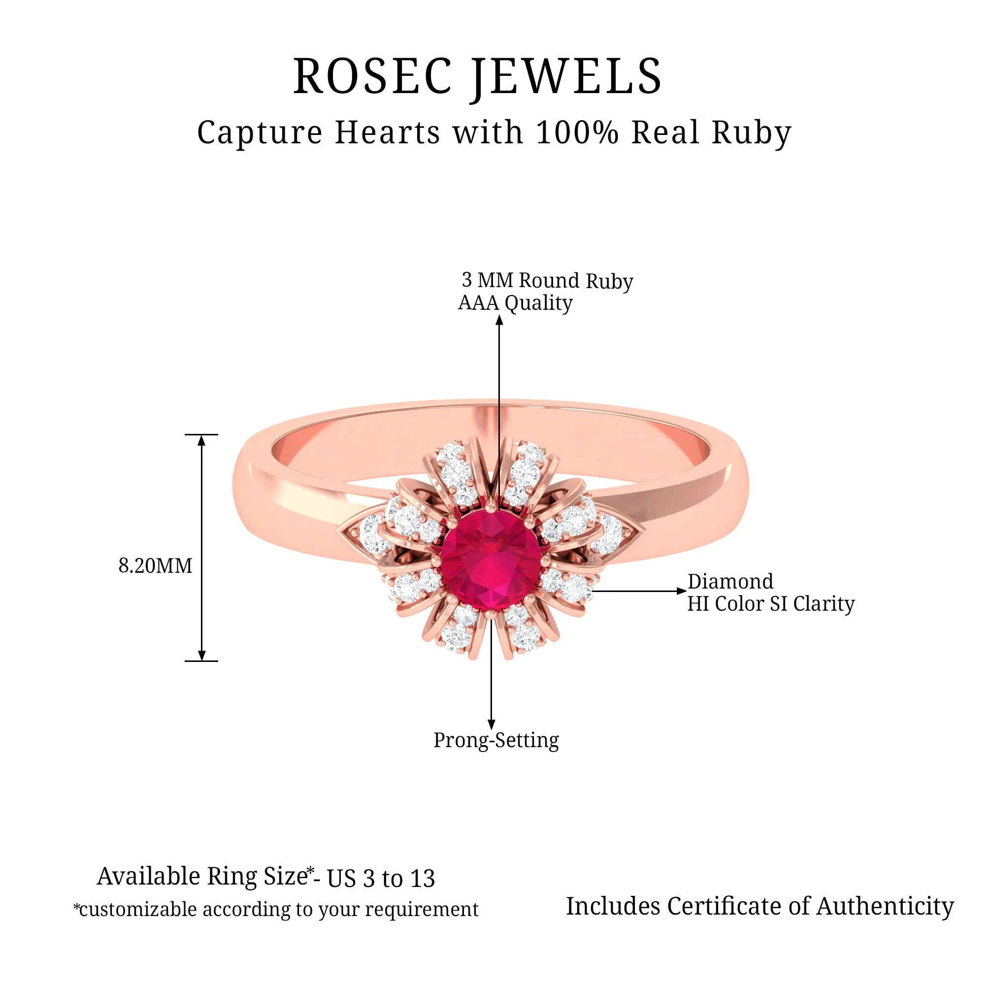 Natural Ruby Flower Promise Ring with Diamond