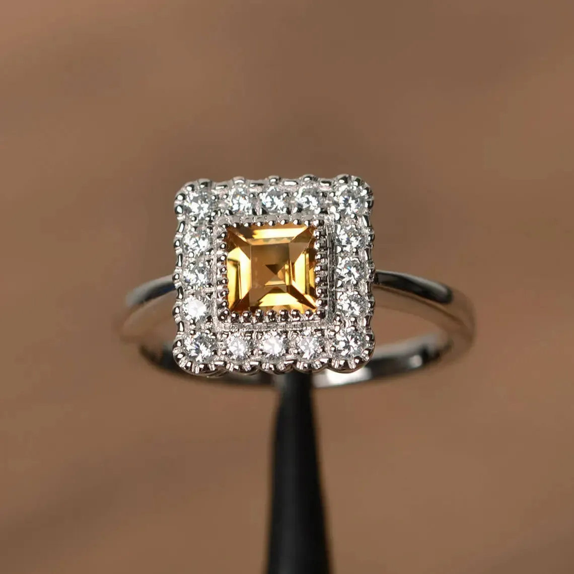 Natural Square Cut Citrine Halo Ring - 925 Sterling Silver Ring