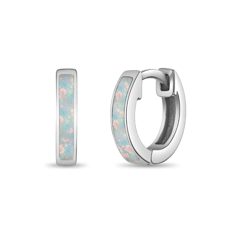 Opal Inlay Huggie Hoop Earrings 8mm - Sterling Silver