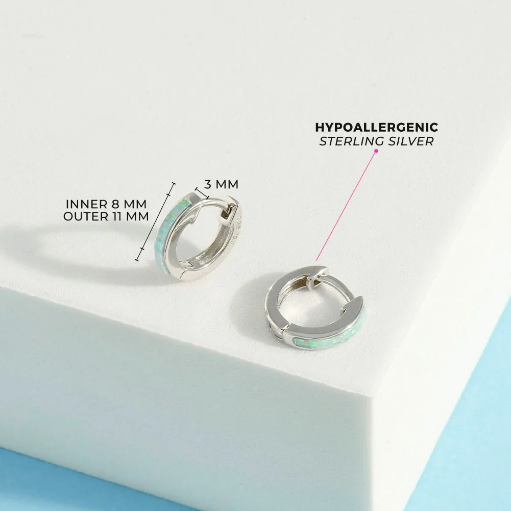 Opal Inlay Huggie Hoop Earrings 8mm - Sterling Silver