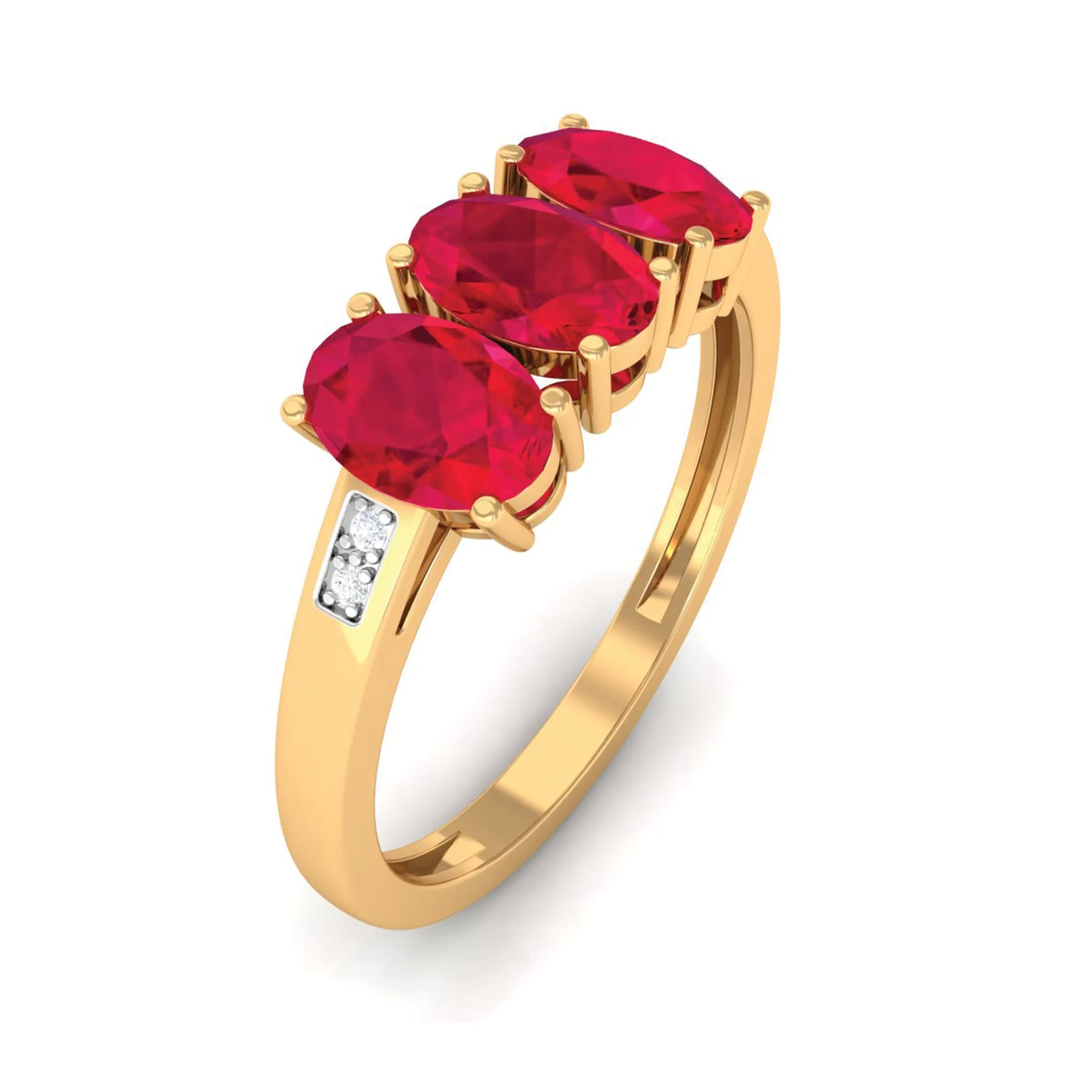 Oval Cut Created Ruby 3 Stone Engagement Ring with Diamond