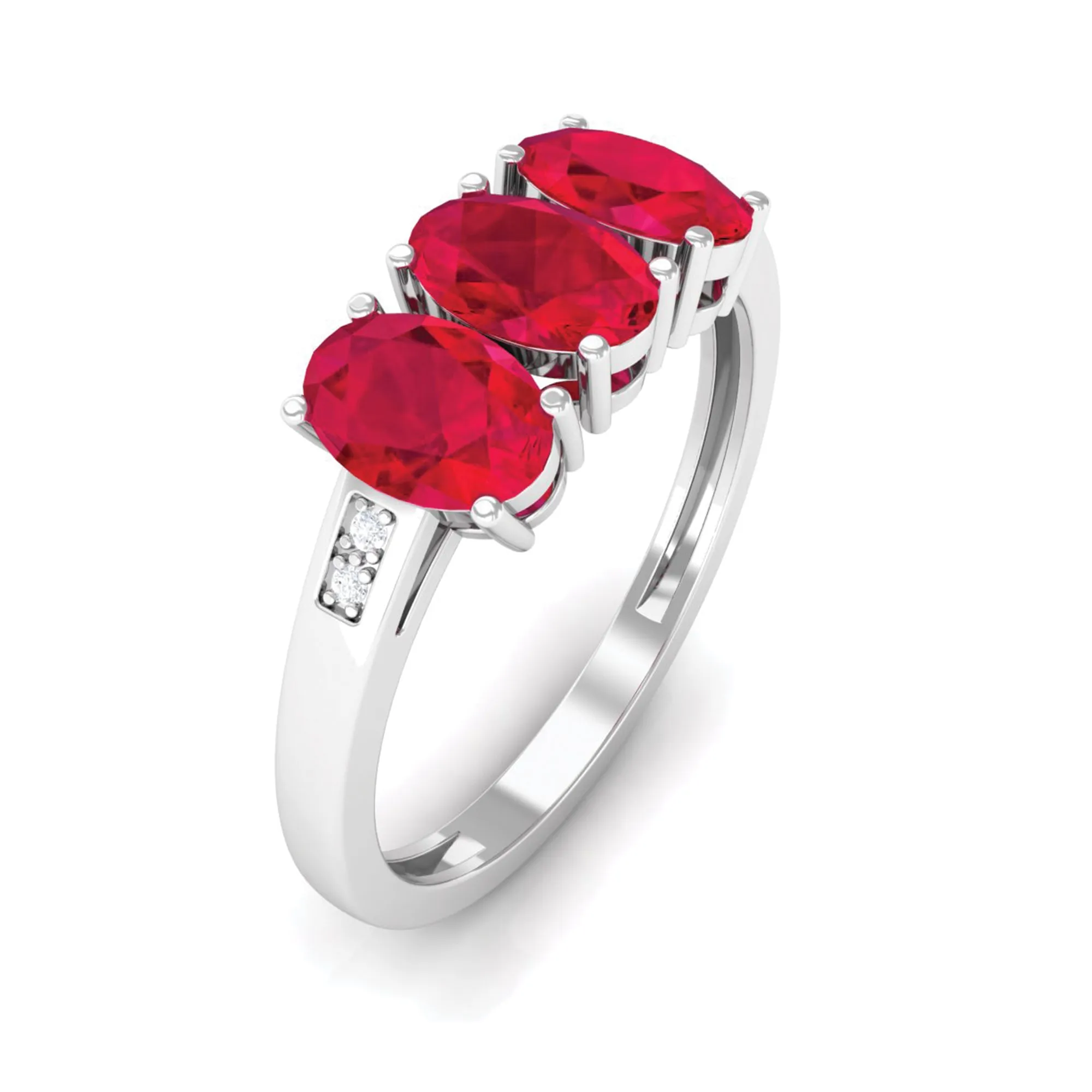 Oval Cut Created Ruby 3 Stone Engagement Ring with Diamond