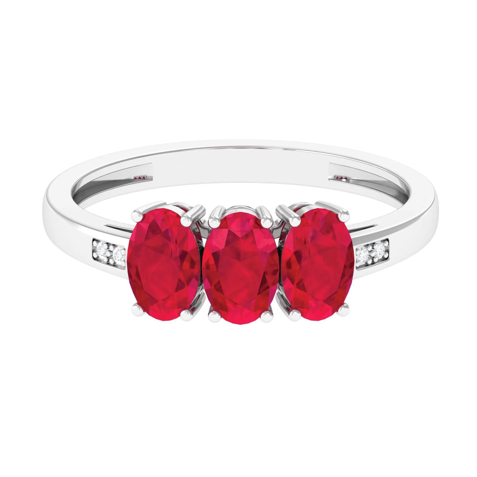 Oval Cut Created Ruby 3 Stone Engagement Ring with Diamond