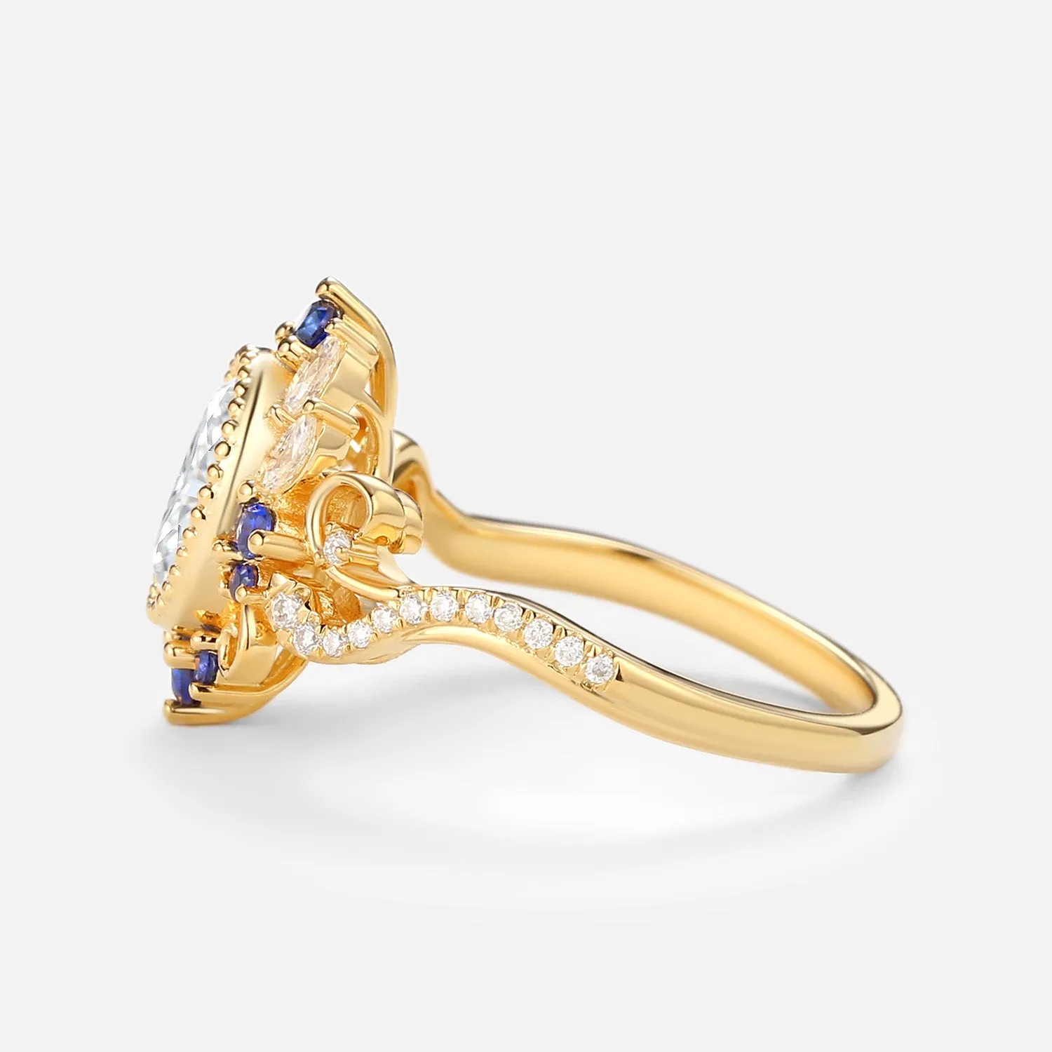 Oval Moissanite & Sapphire Twist Vintage Halo Ring