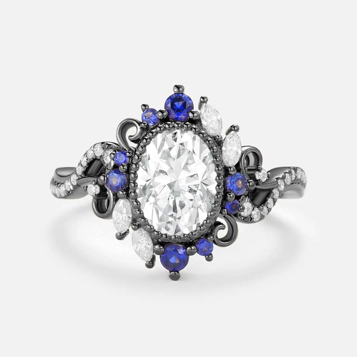 Oval Moissanite & Sapphire Twist Vintage Halo Ring