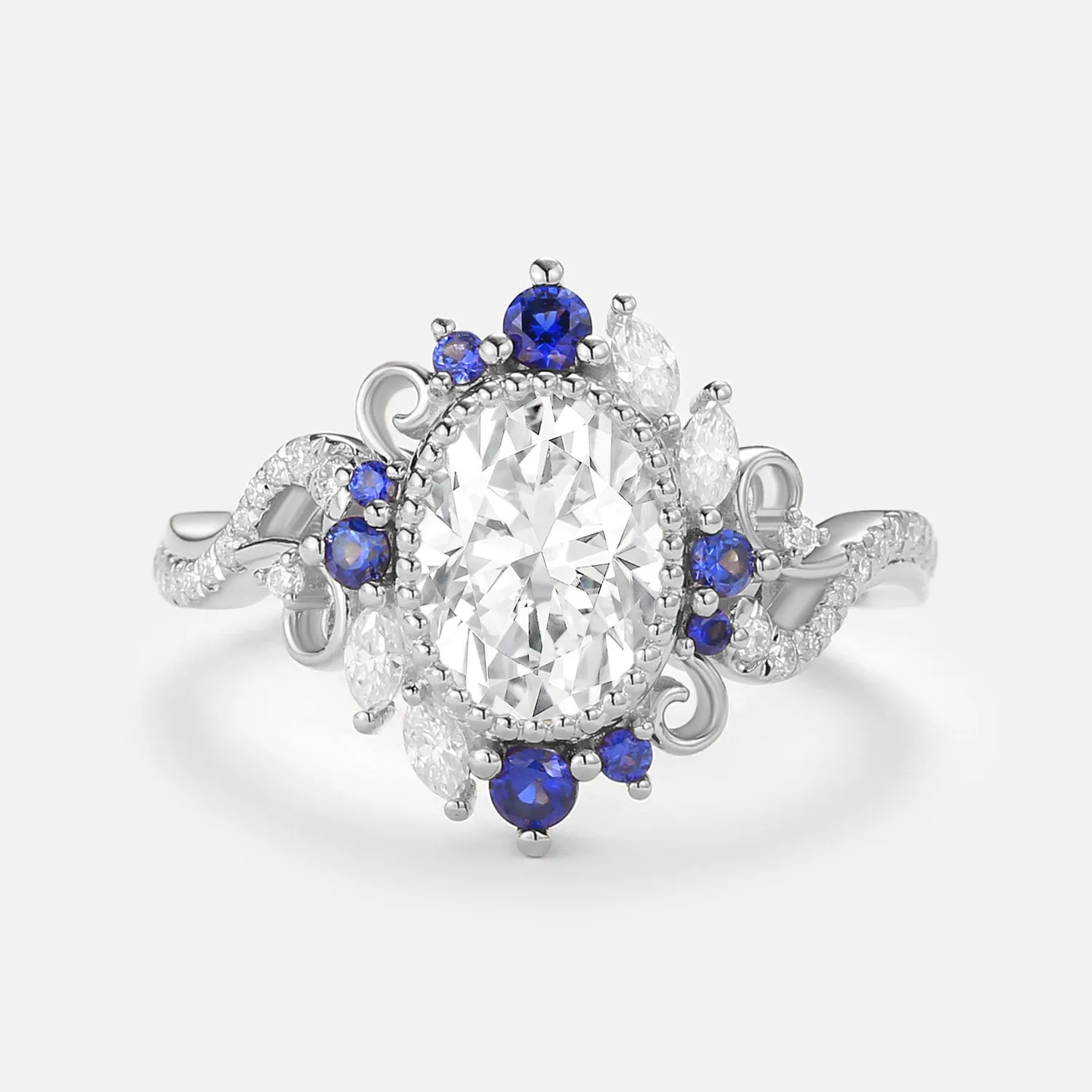 Oval Moissanite & Sapphire Twist Vintage Halo Ring