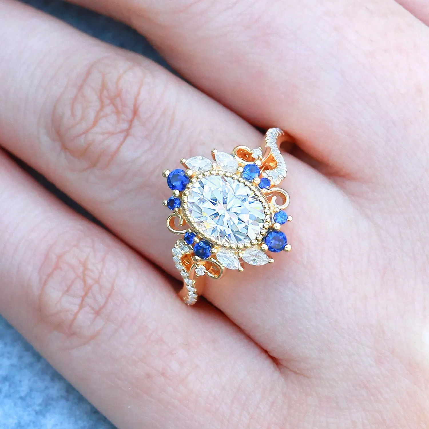 Oval Moissanite & Sapphire Twist Vintage Halo Ring