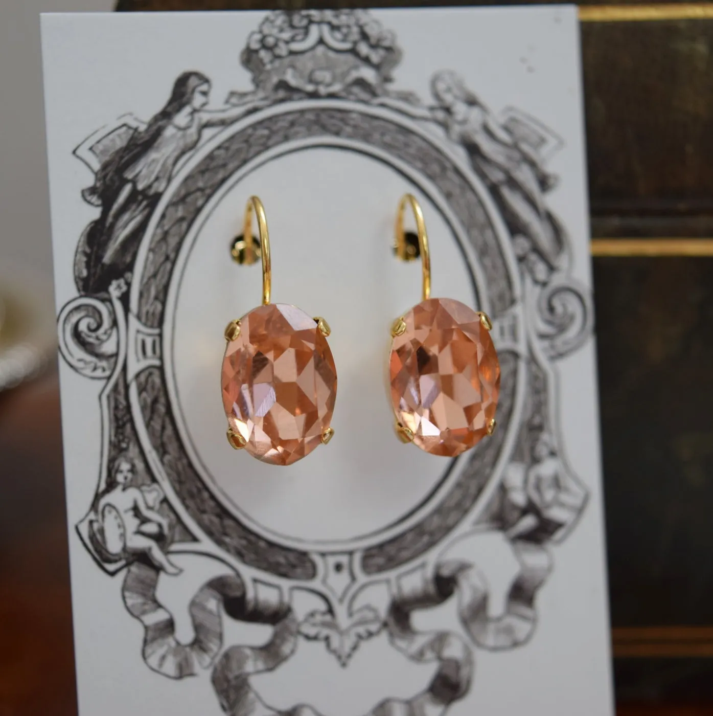 Peach Pink Aurora Crystal Earrings - Medium Oval