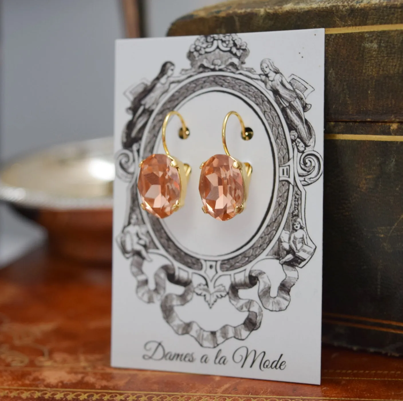 Peach Pink Aurora Crystal Earrings - Medium Oval