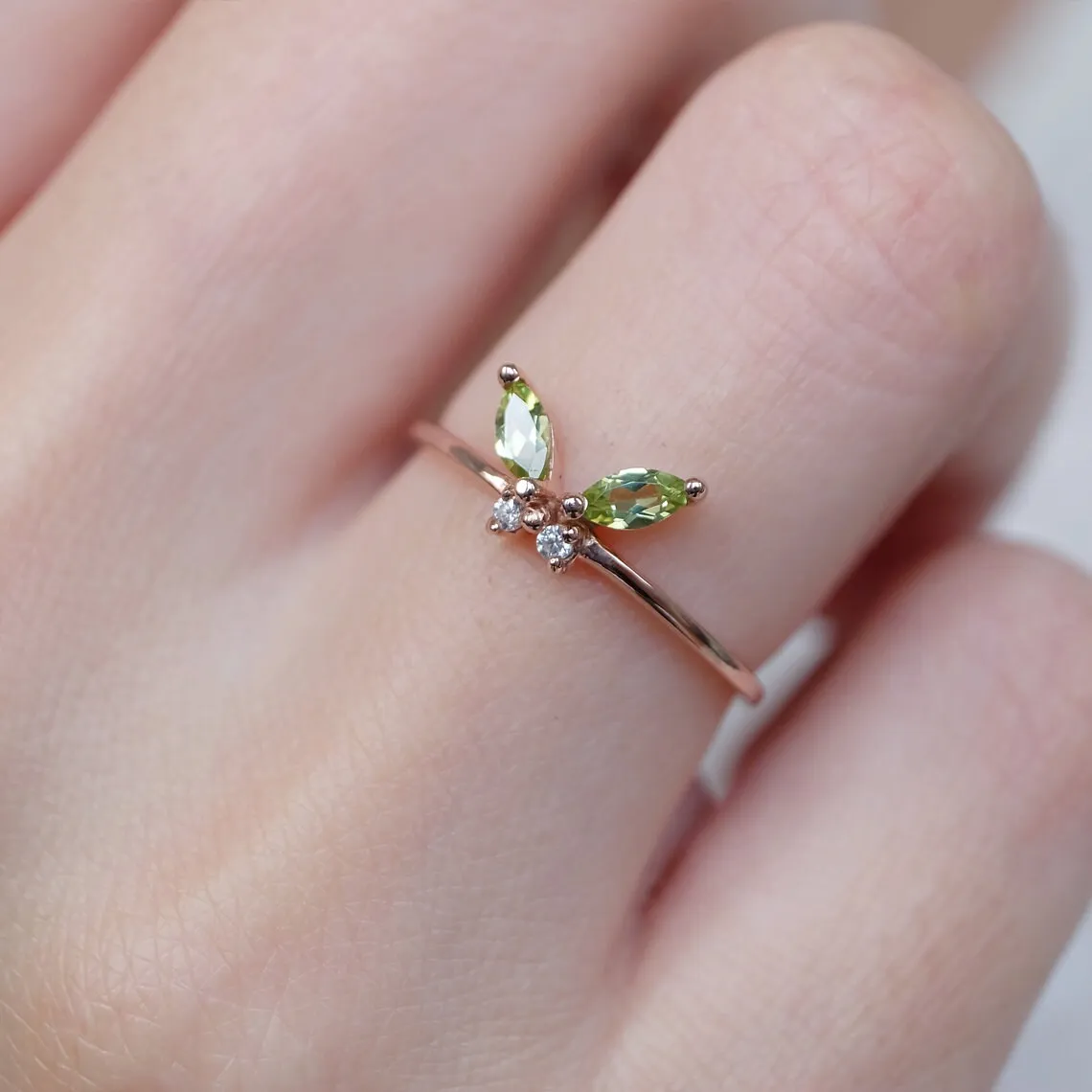 Peridot Butterfly Rings - 14k Rose Gold Vermeil Rings - Peridot Promise Rings