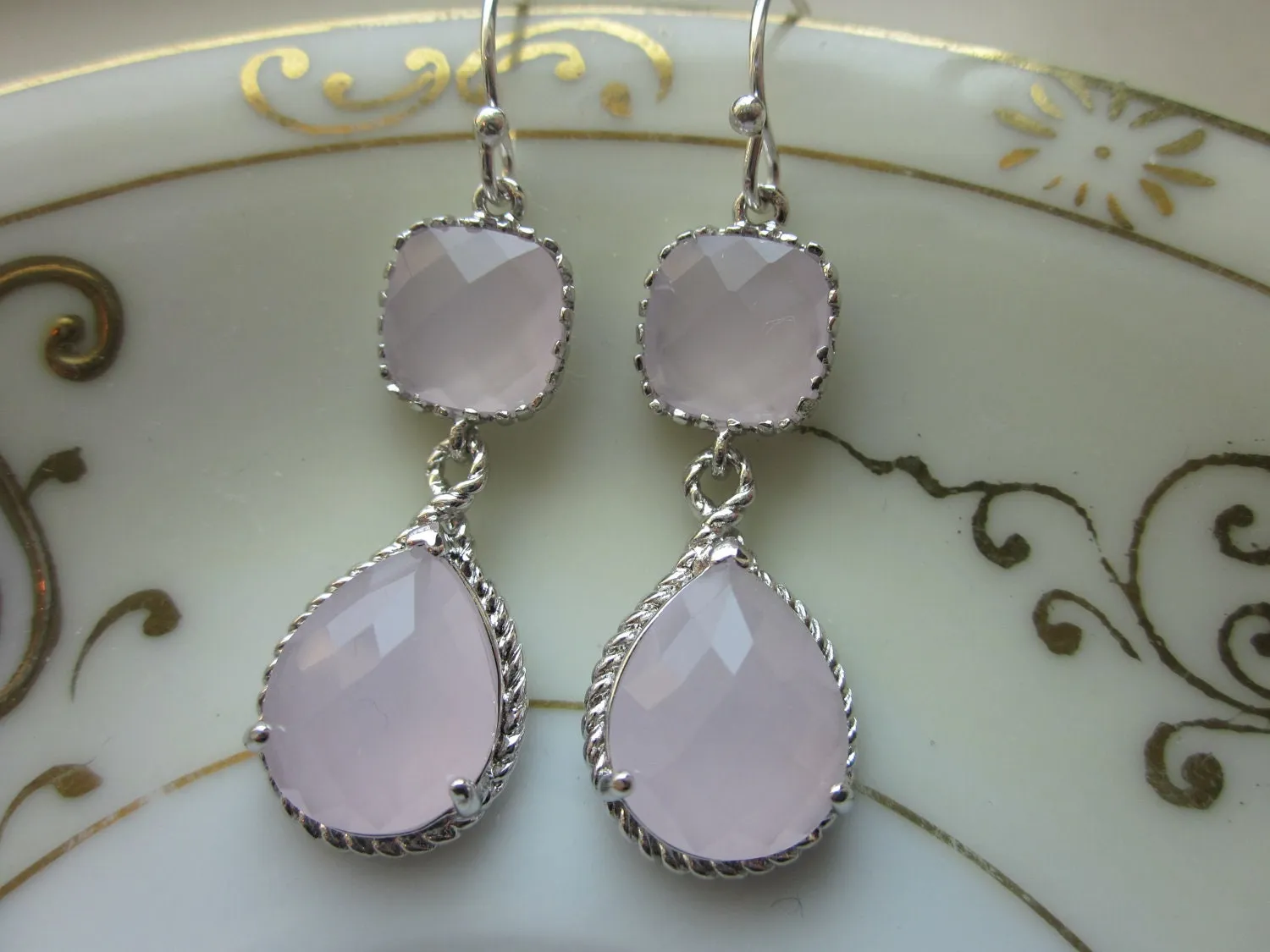 Pink Opal Earrings Silver Pink Two Tier Earrings Teardrop Glass - Sterling Silver Earwires - Bridesmaid Earrings Wedding Earrings