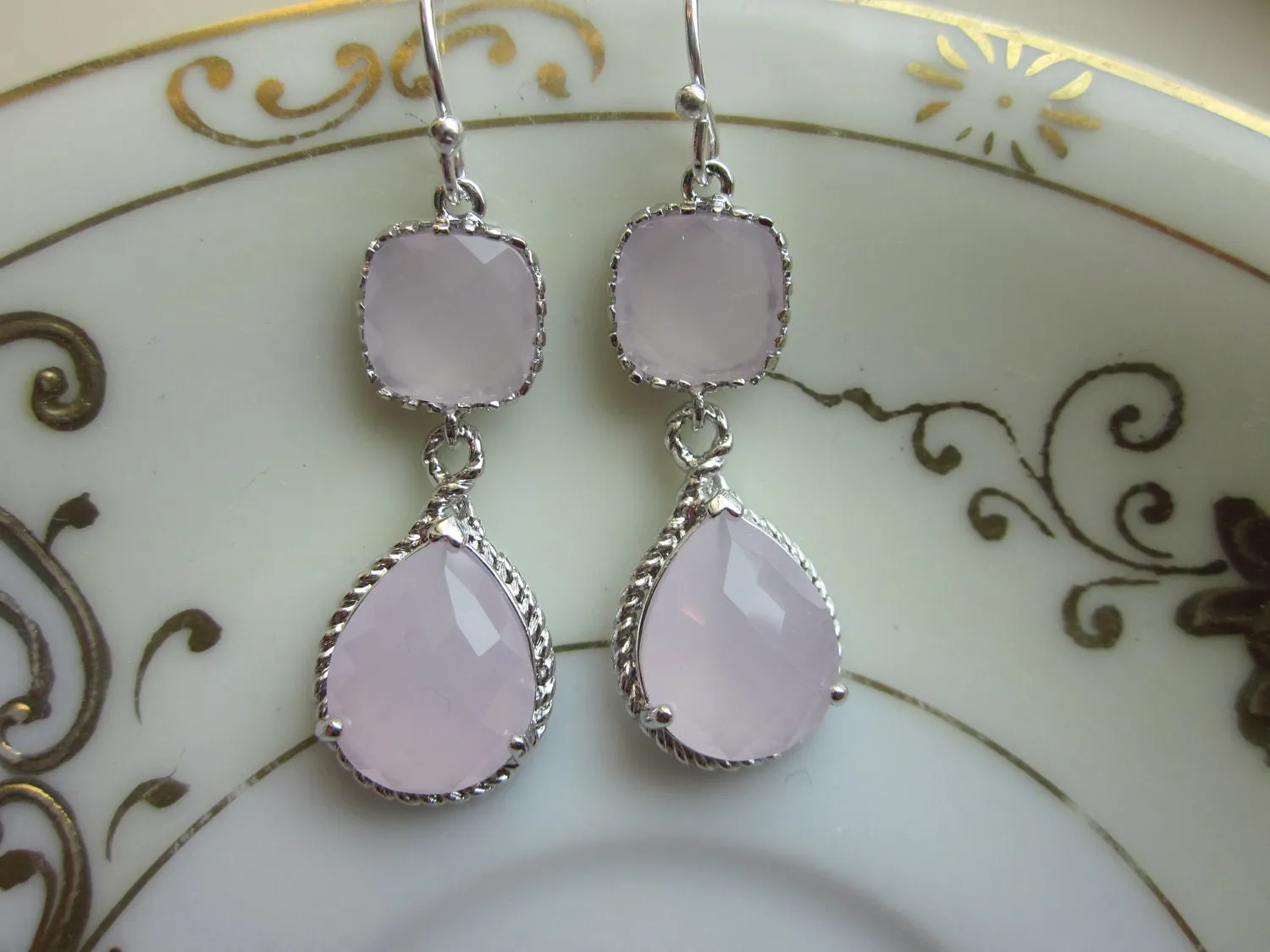 Pink Opal Earrings Silver Pink Two Tier Earrings Teardrop Glass - Sterling Silver Earwires - Bridesmaid Earrings Wedding Earrings