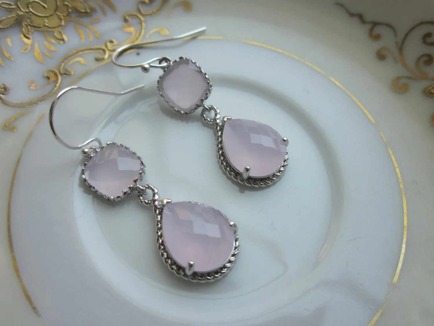 Pink Opal Earrings Silver Pink Two Tier Earrings Teardrop Glass - Sterling Silver Earwires - Bridesmaid Earrings Wedding Earrings