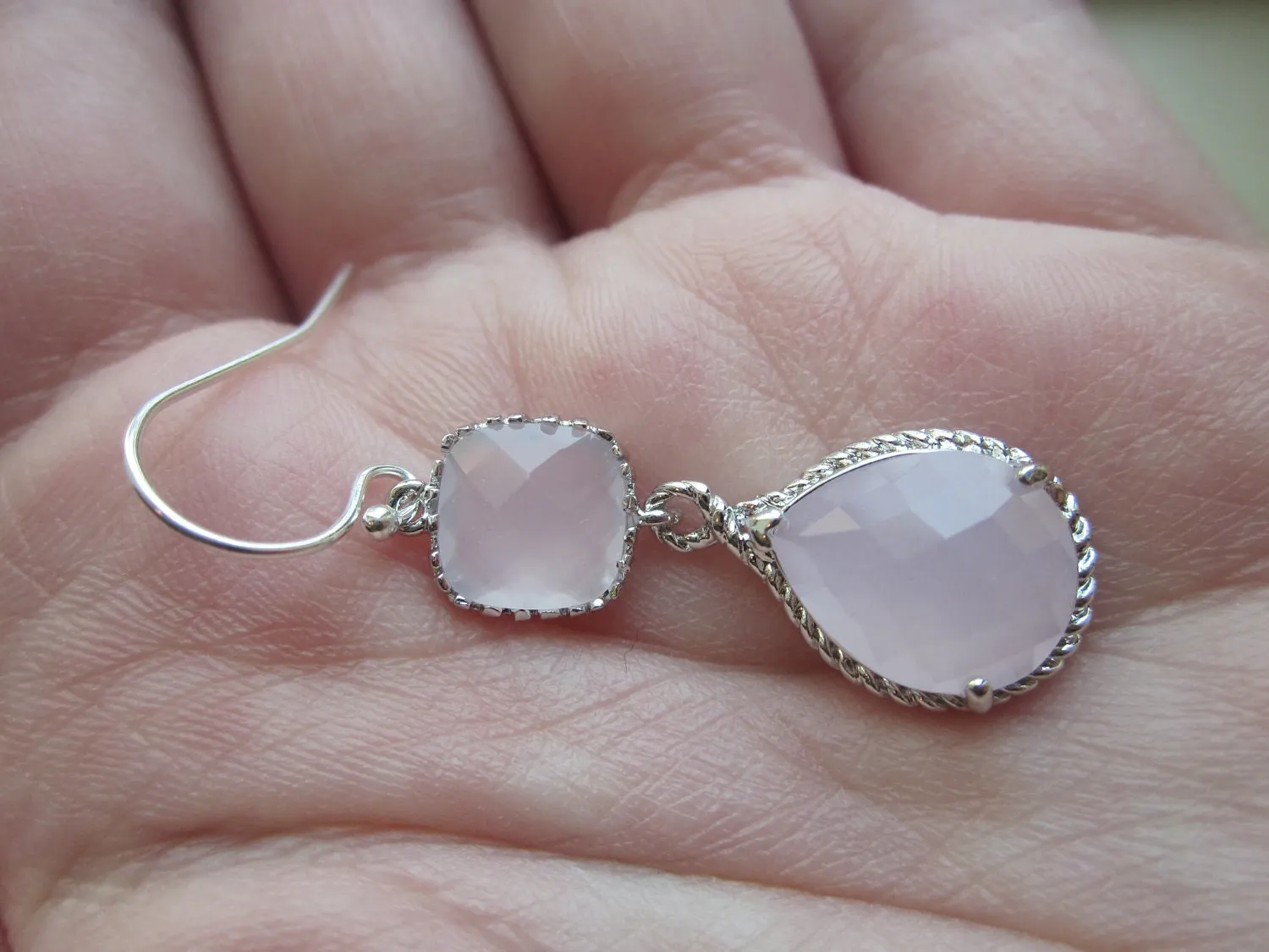 Pink Opal Earrings Silver Pink Two Tier Earrings Teardrop Glass - Sterling Silver Earwires - Bridesmaid Earrings Wedding Earrings