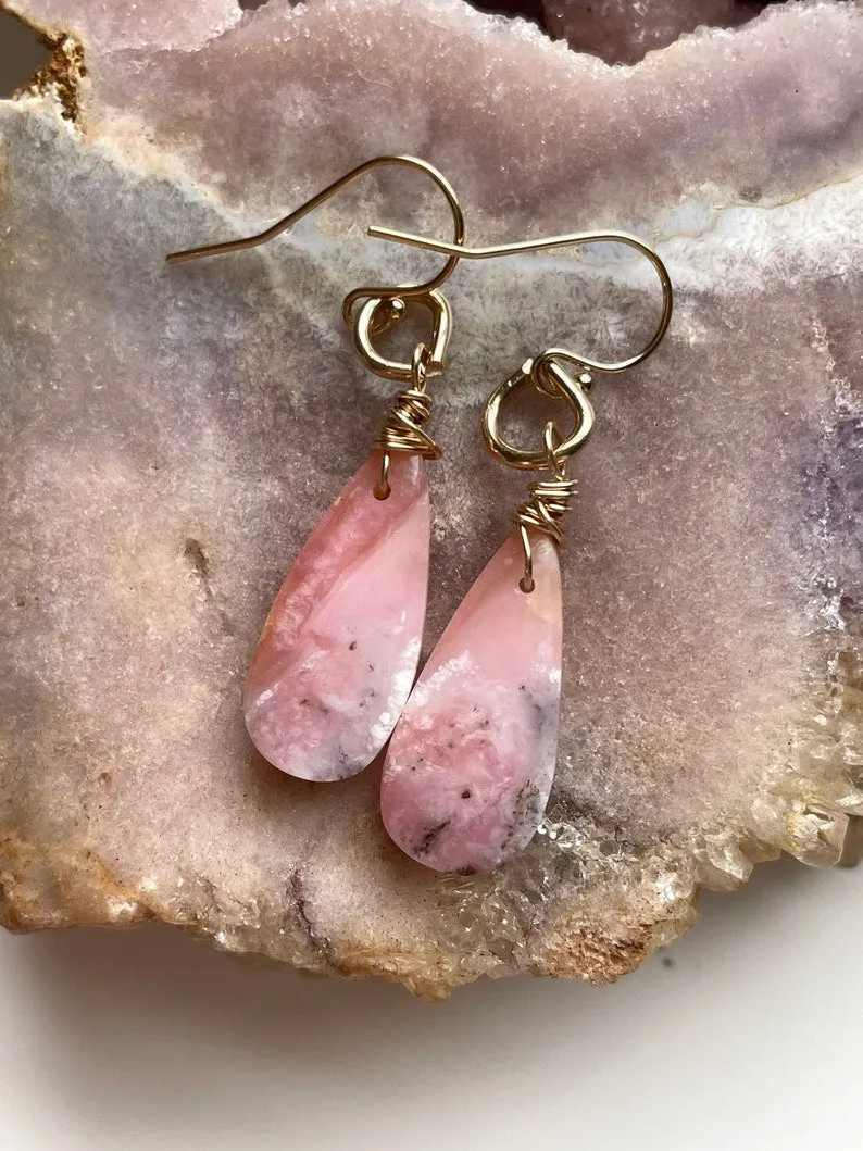 Pink Opal Gold Filled Statement Crystal Gemstone Earrings