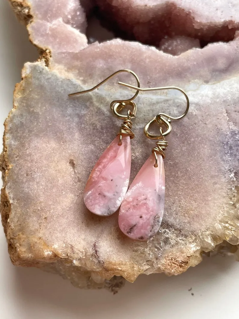 Pink Opal Gold Filled Statement Crystal Gemstone Earrings