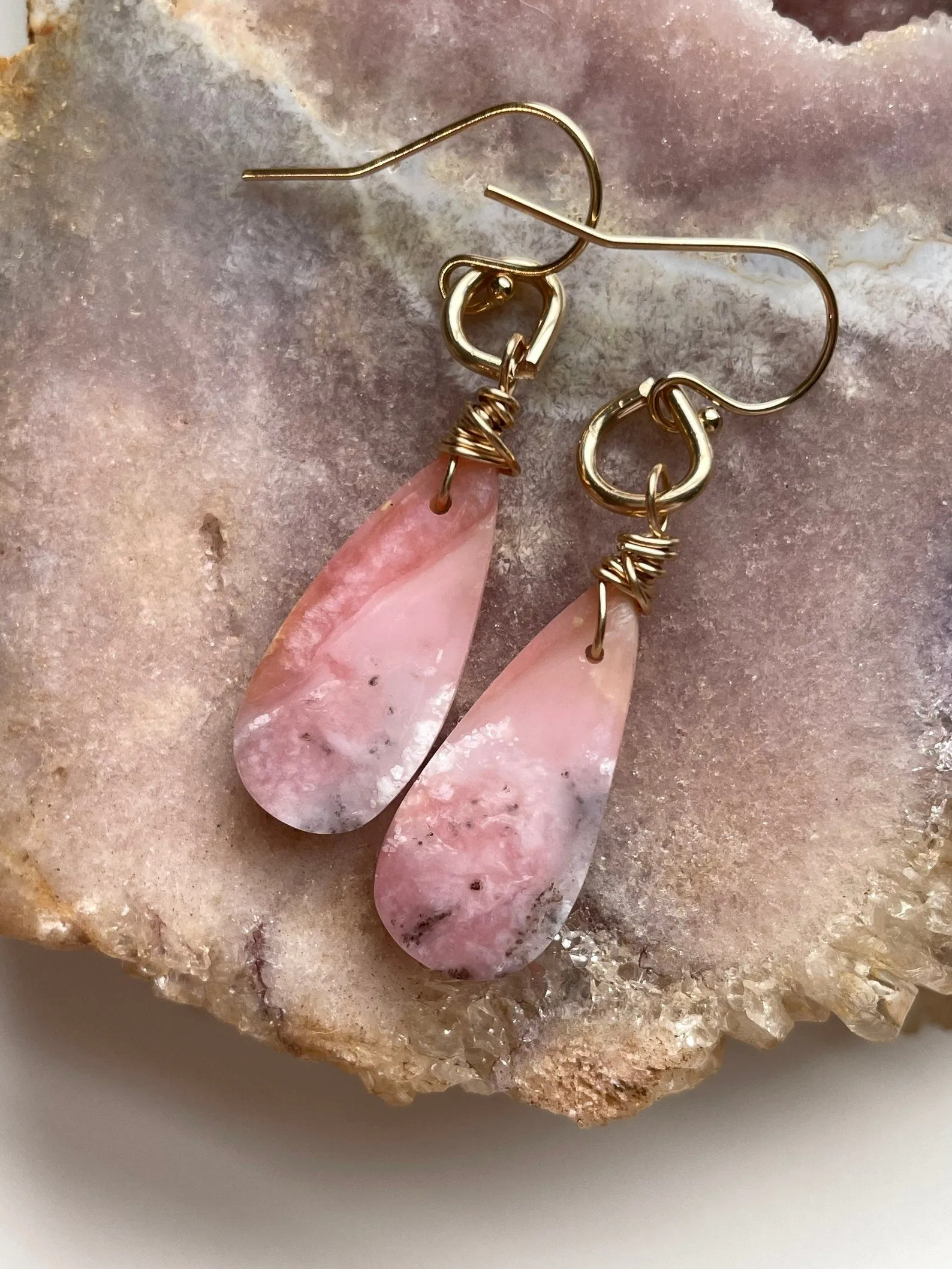 Pink Opal Gold Filled Statement Crystal Gemstone Earrings