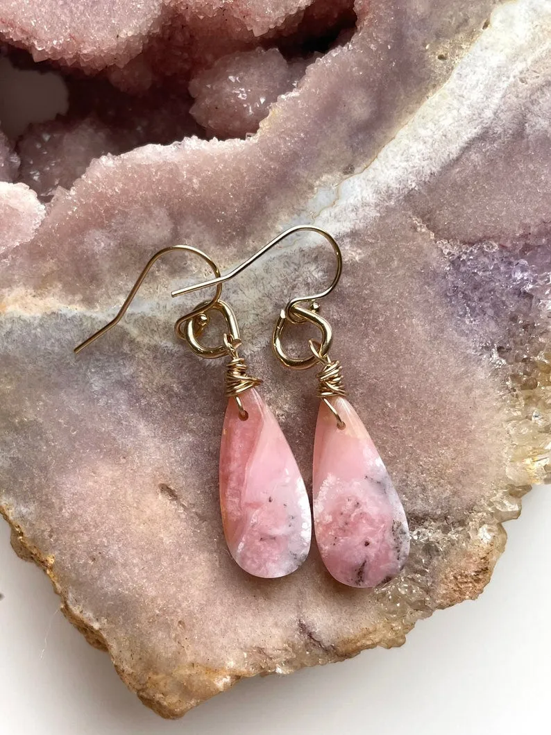 Pink Opal Gold Filled Statement Crystal Gemstone Earrings