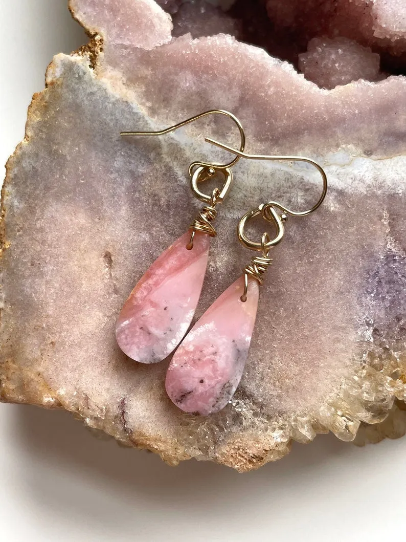 Pink Opal Gold Filled Statement Crystal Gemstone Earrings