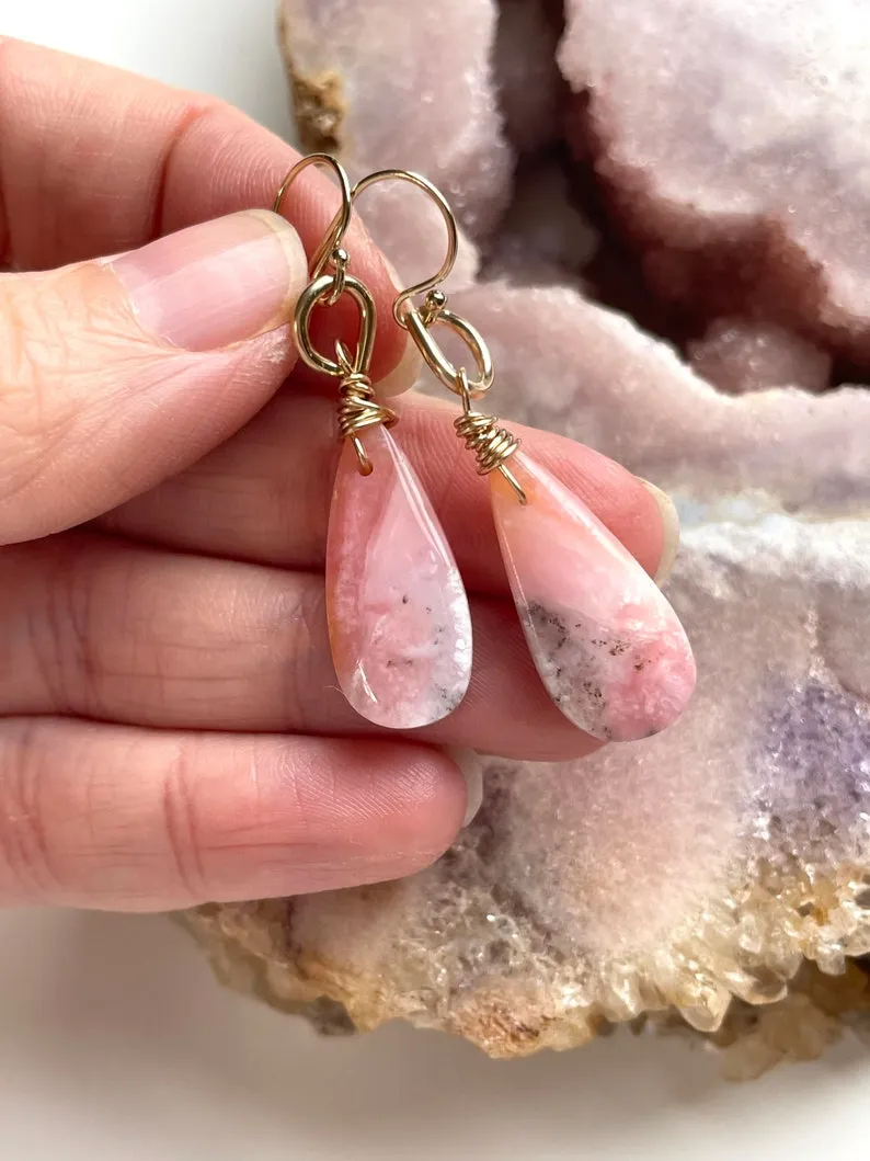 Pink Opal Gold Filled Statement Crystal Gemstone Earrings