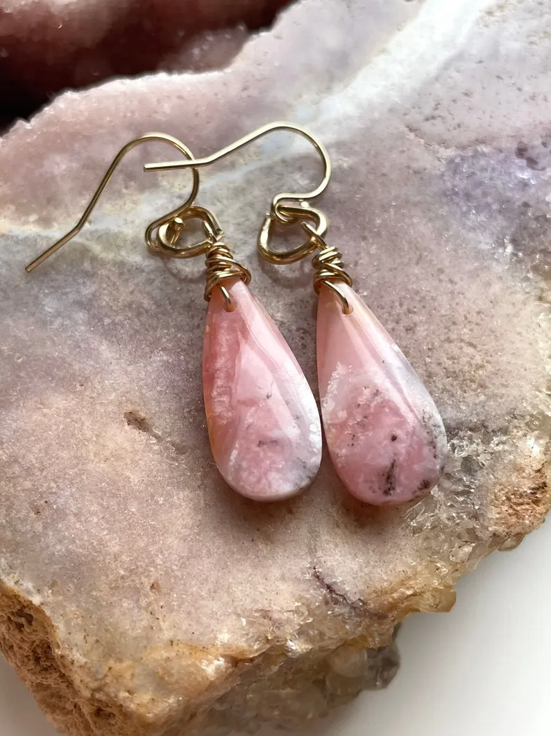 Pink Opal Gold Filled Statement Crystal Gemstone Earrings