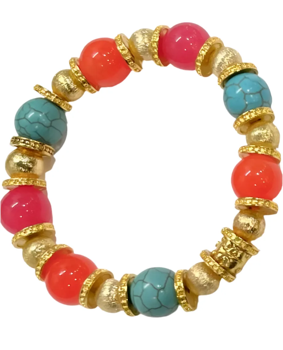 Pink, Orange Quartz and Turquoise Gold Beaded Bracelet