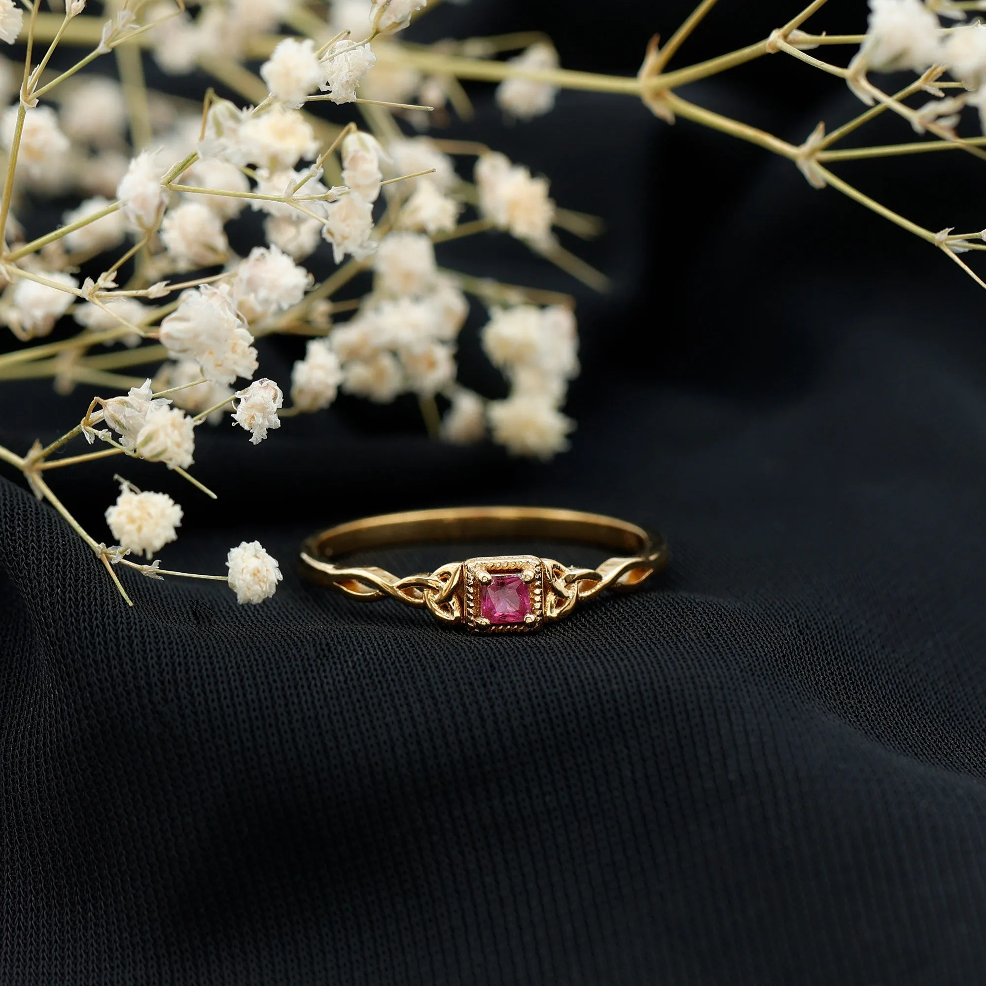 Princess Cut Solitaire Ruby Celtic Knot Ring