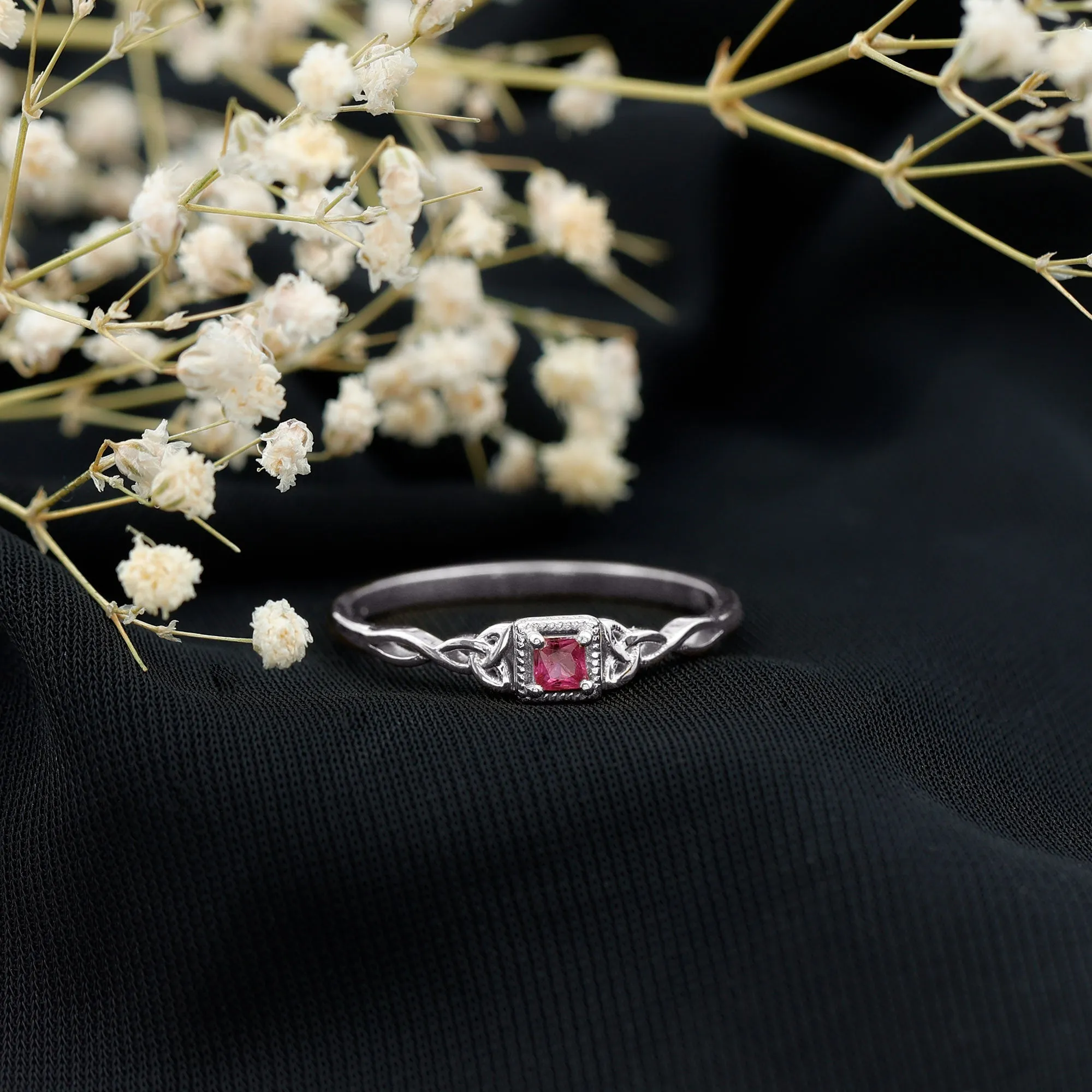 Princess Cut Solitaire Ruby Celtic Knot Ring