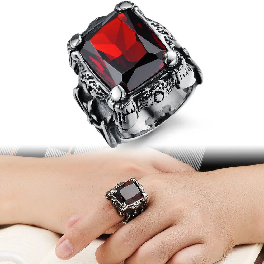 Punk Real stainless steel Ruby Ring Men's 13KT big red stones Finger Rings for man High Quality