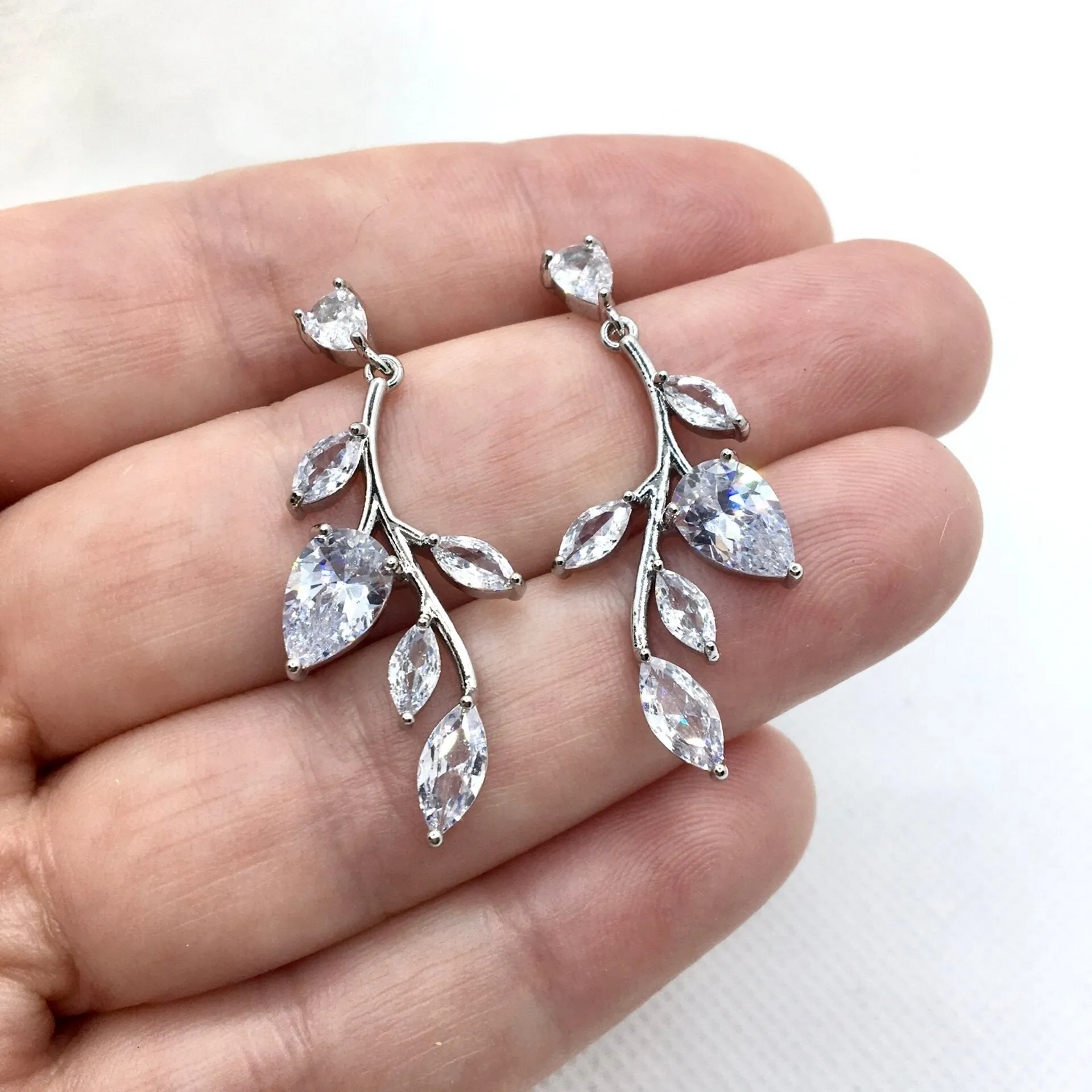 "Irma" - Cubic Zirconia Vine Bridal Earrings - Available in Gold and Silver