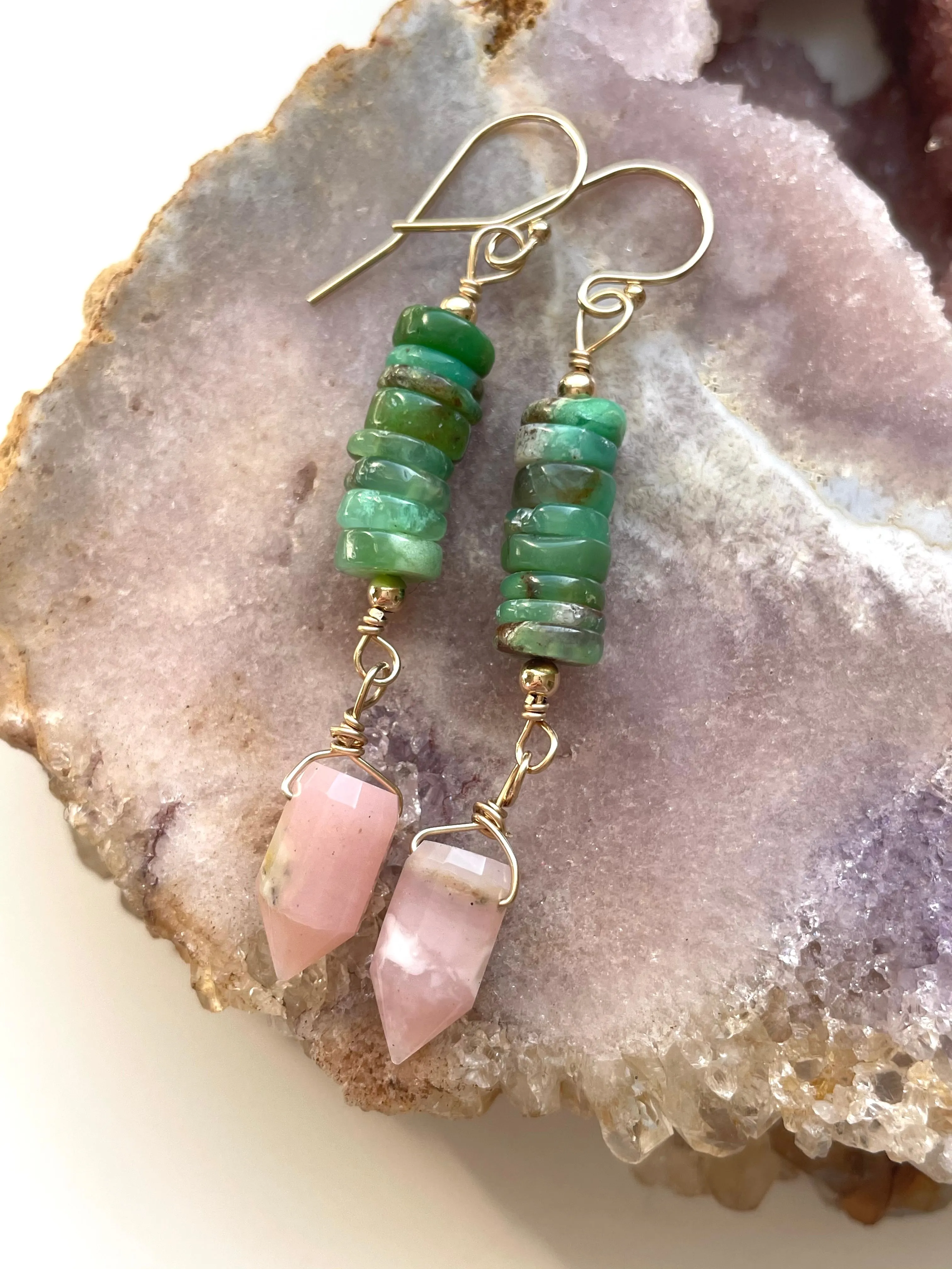 Raw Crystal Earrings - Pink Opal Points And Chrysoprase Gold Filled