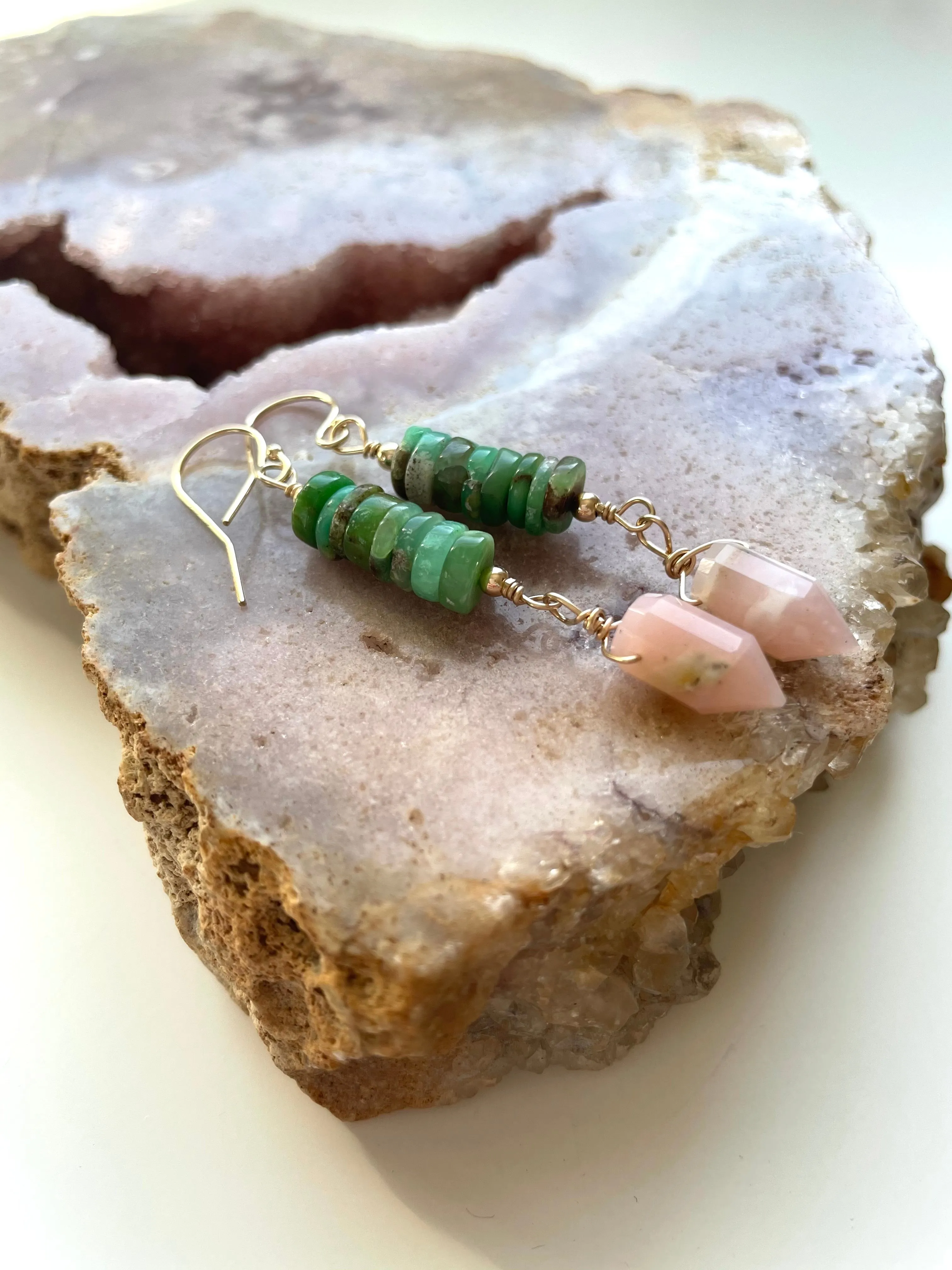 Raw Crystal Earrings - Pink Opal Points And Chrysoprase Gold Filled