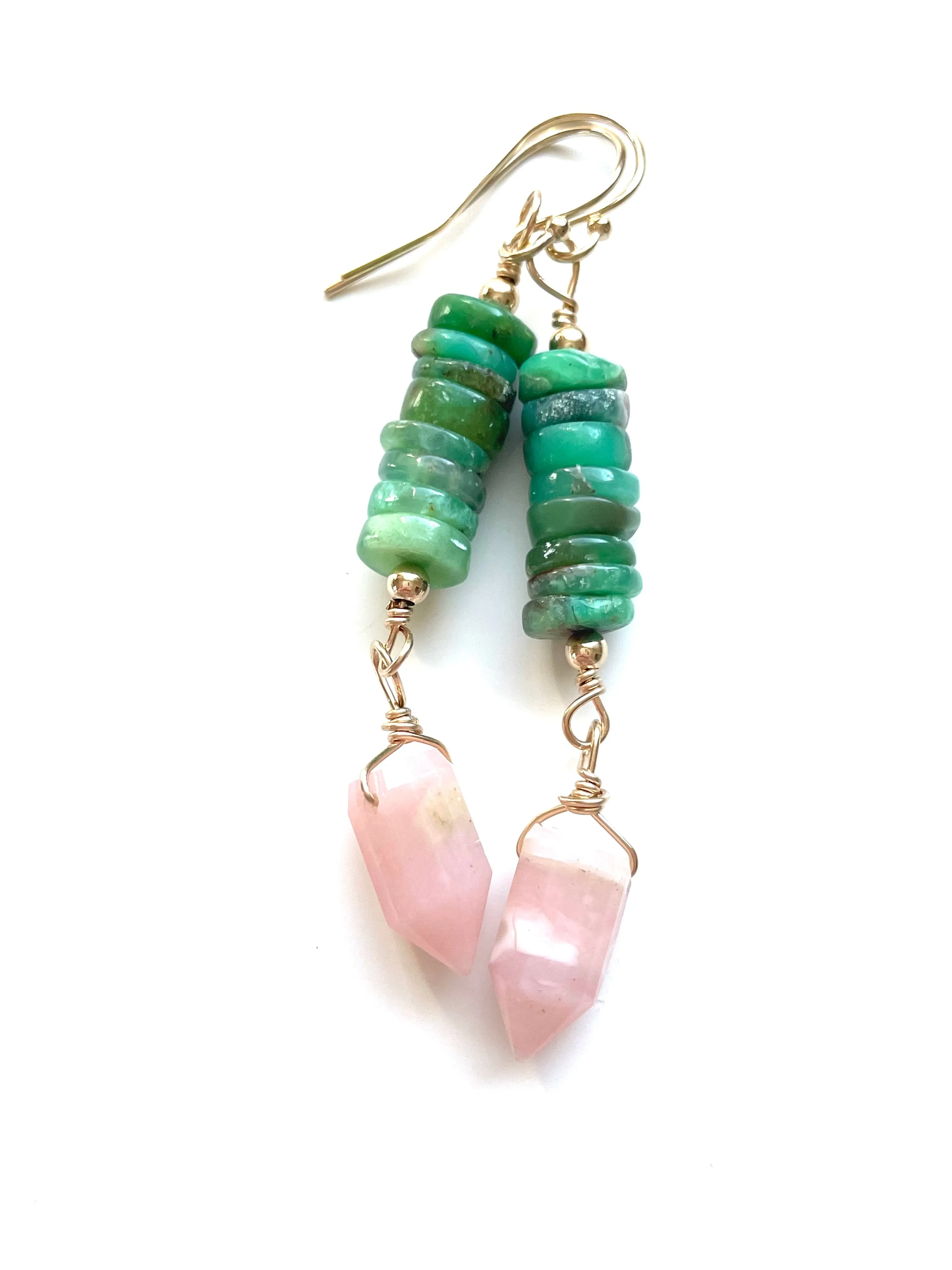 Raw Crystal Earrings - Pink Opal Points And Chrysoprase Gold Filled