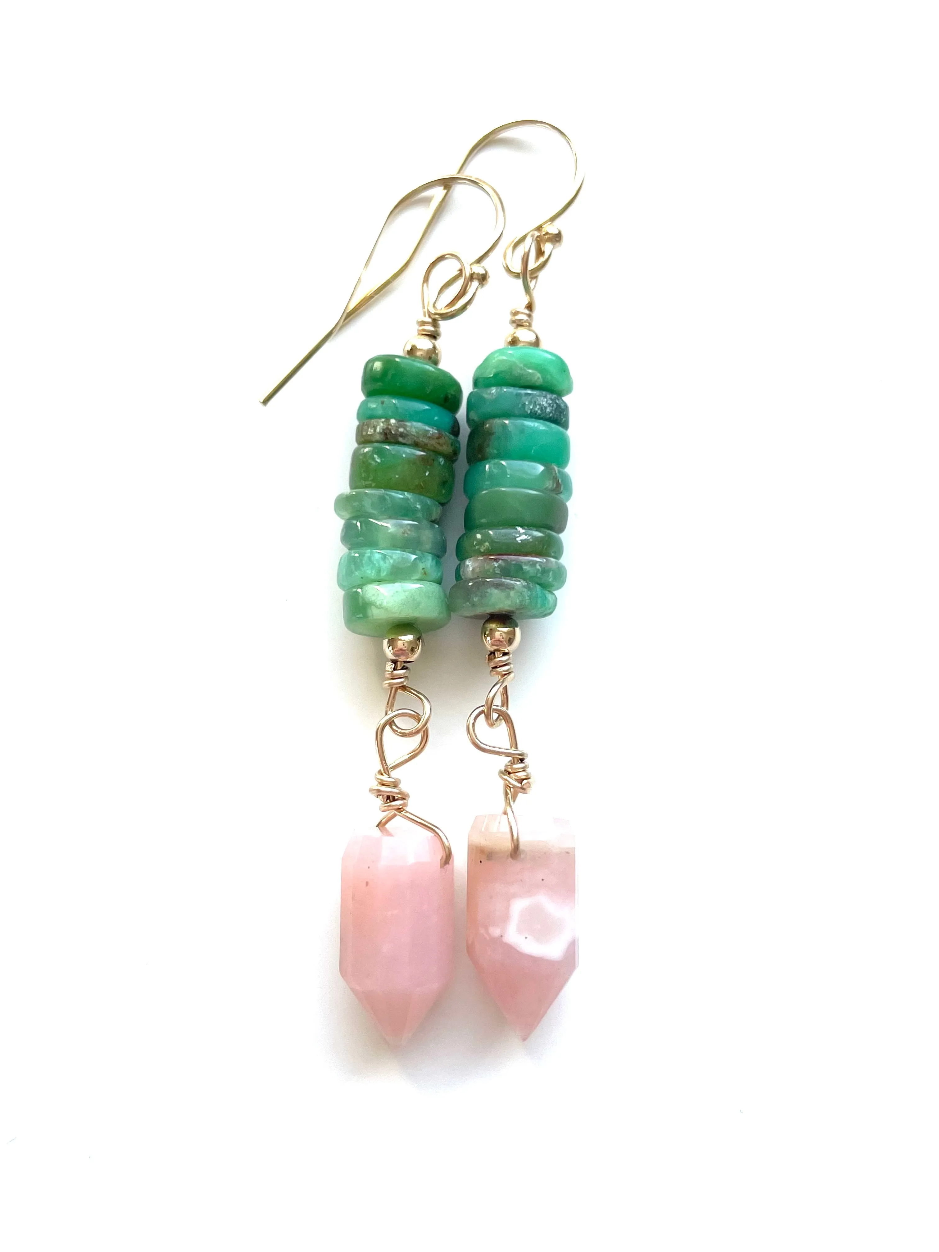 Raw Crystal Earrings - Pink Opal Points And Chrysoprase Gold Filled