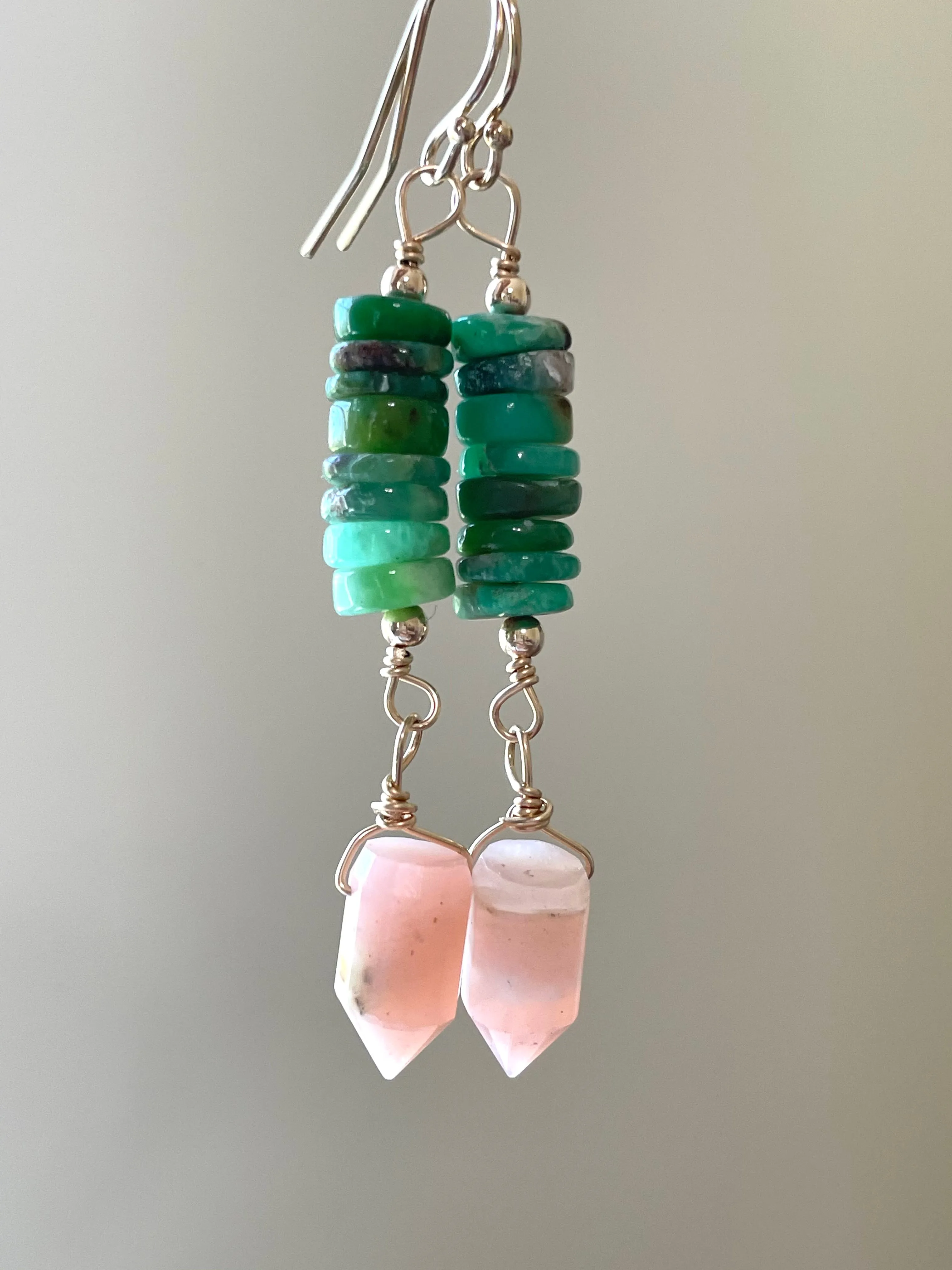 Raw Crystal Earrings - Pink Opal Points And Chrysoprase Gold Filled