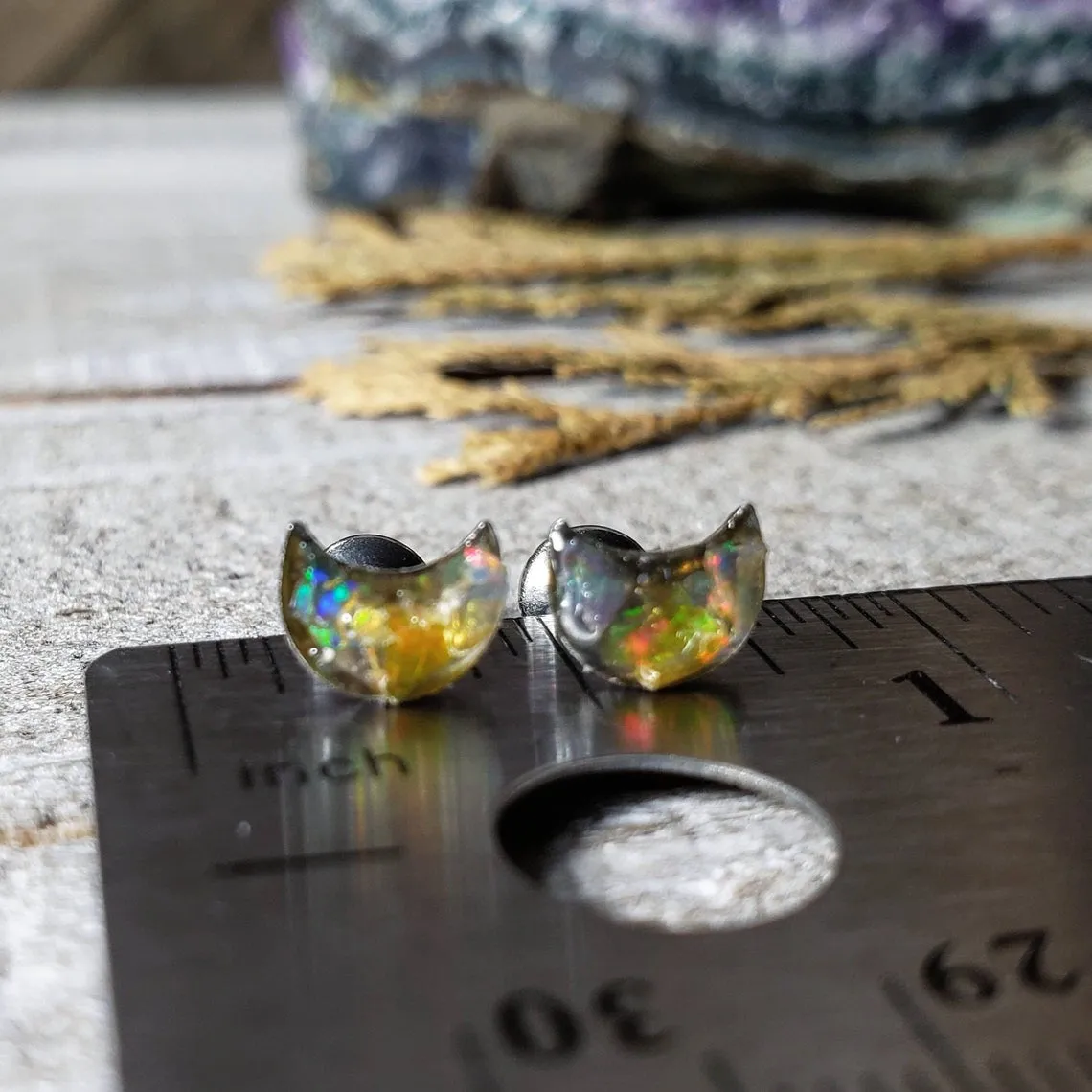 Raw opal moon stud earrings