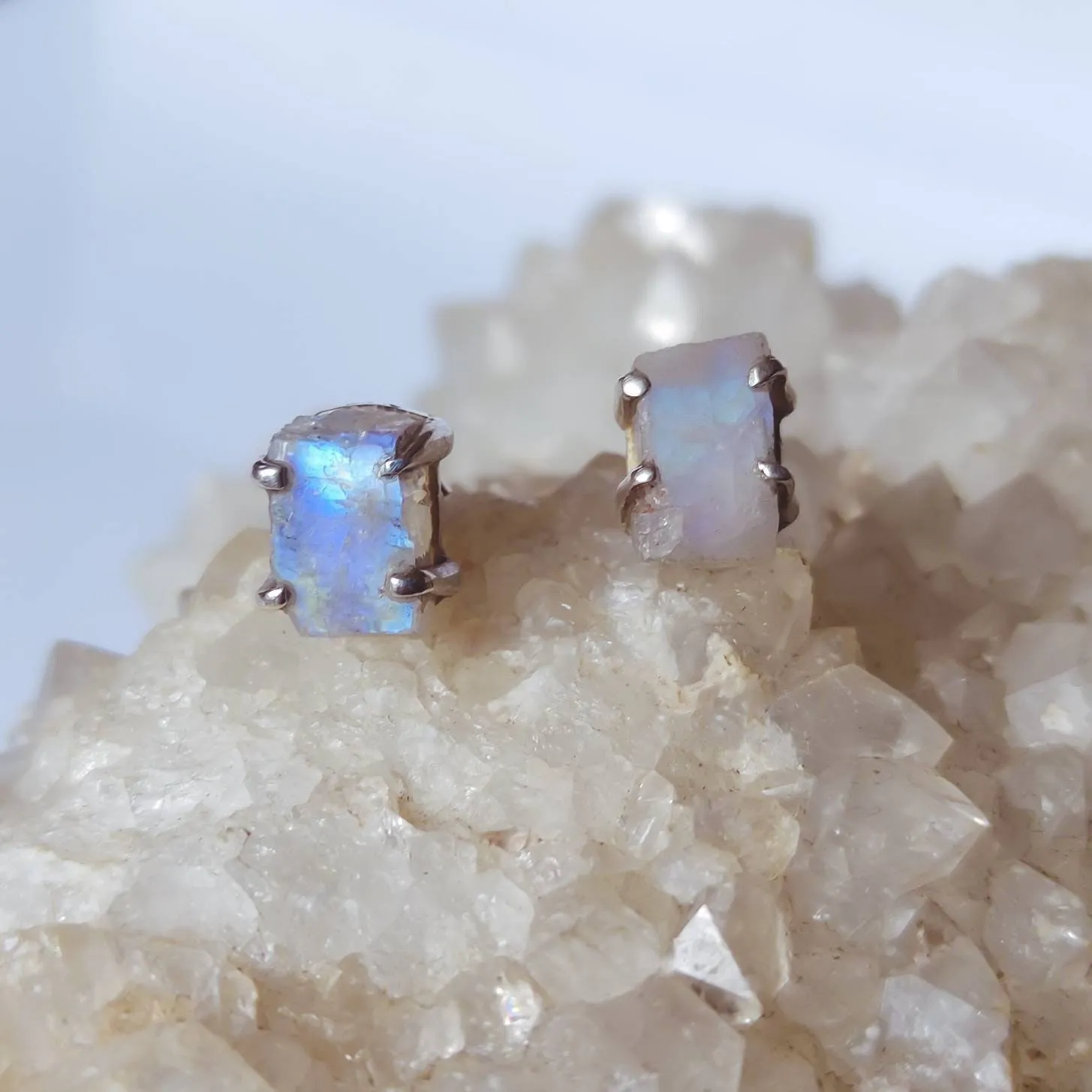 Raw Rainbow Moonstone Crystal Stud Earrings