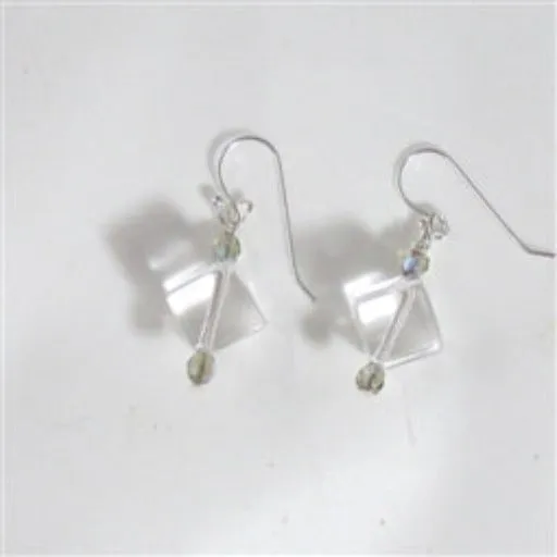 Rock Crystal Quartz Cube Earrings Silver Ear Wires