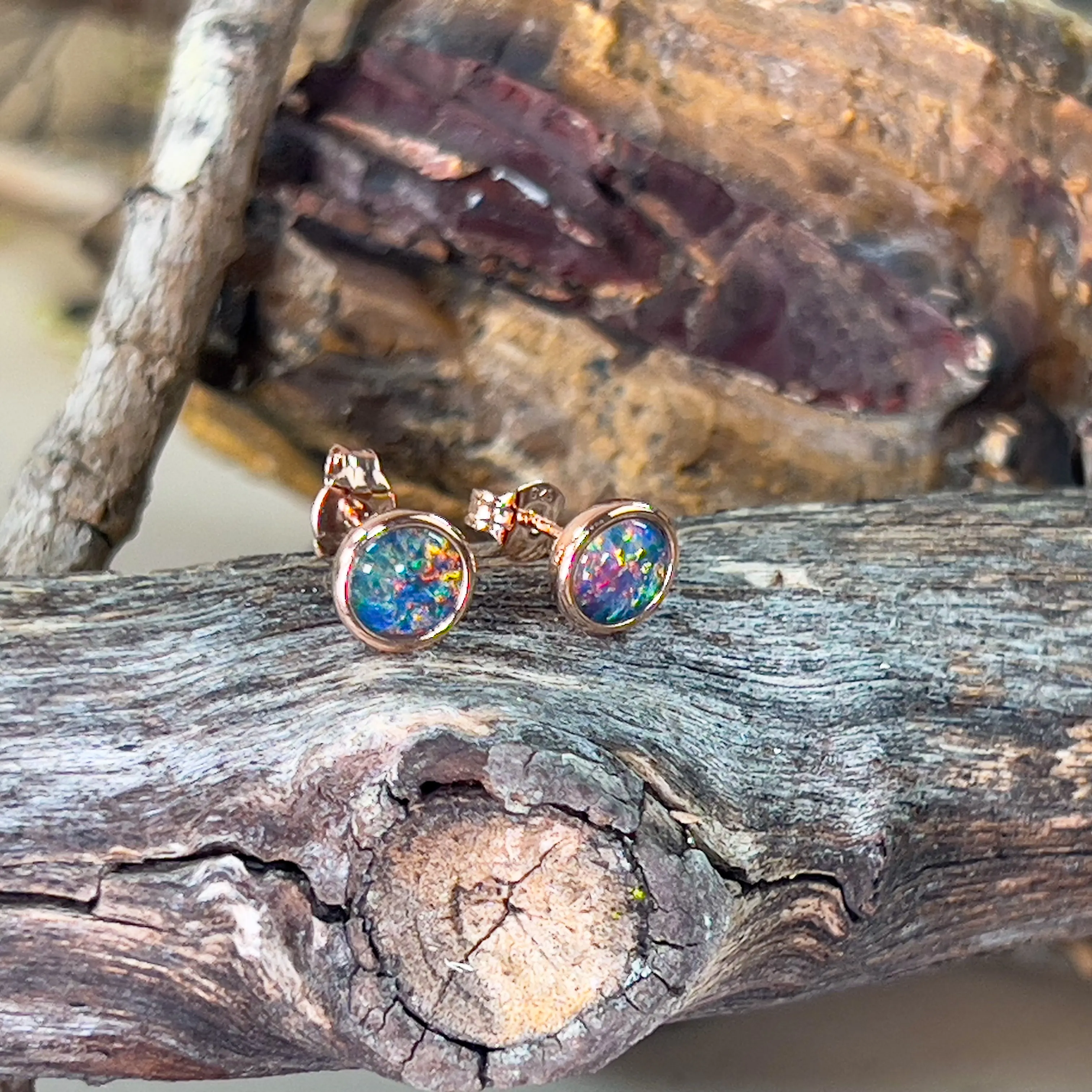 Rose Gold plated opal triplet 6mm round studs