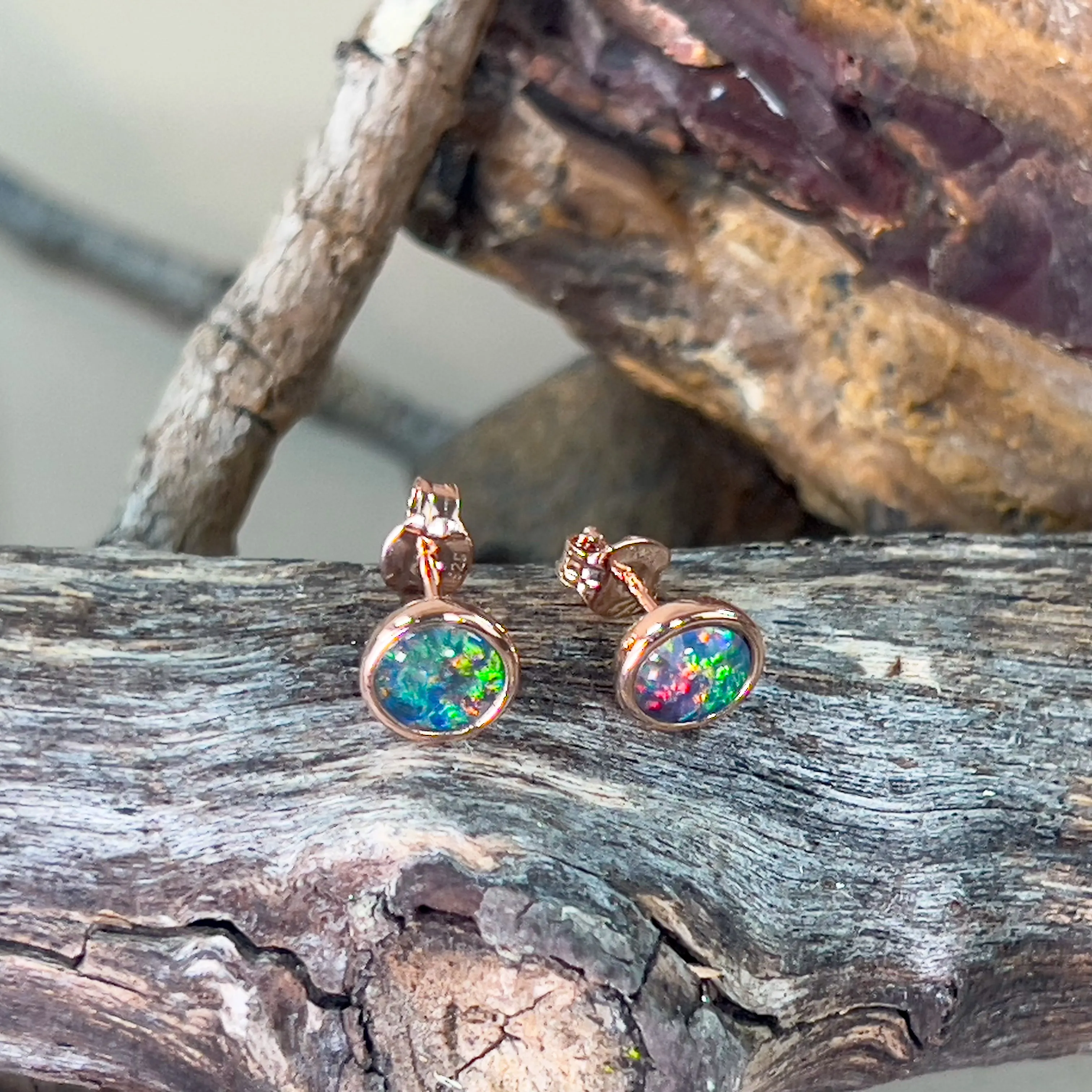 Rose Gold plated opal triplet 6mm round studs