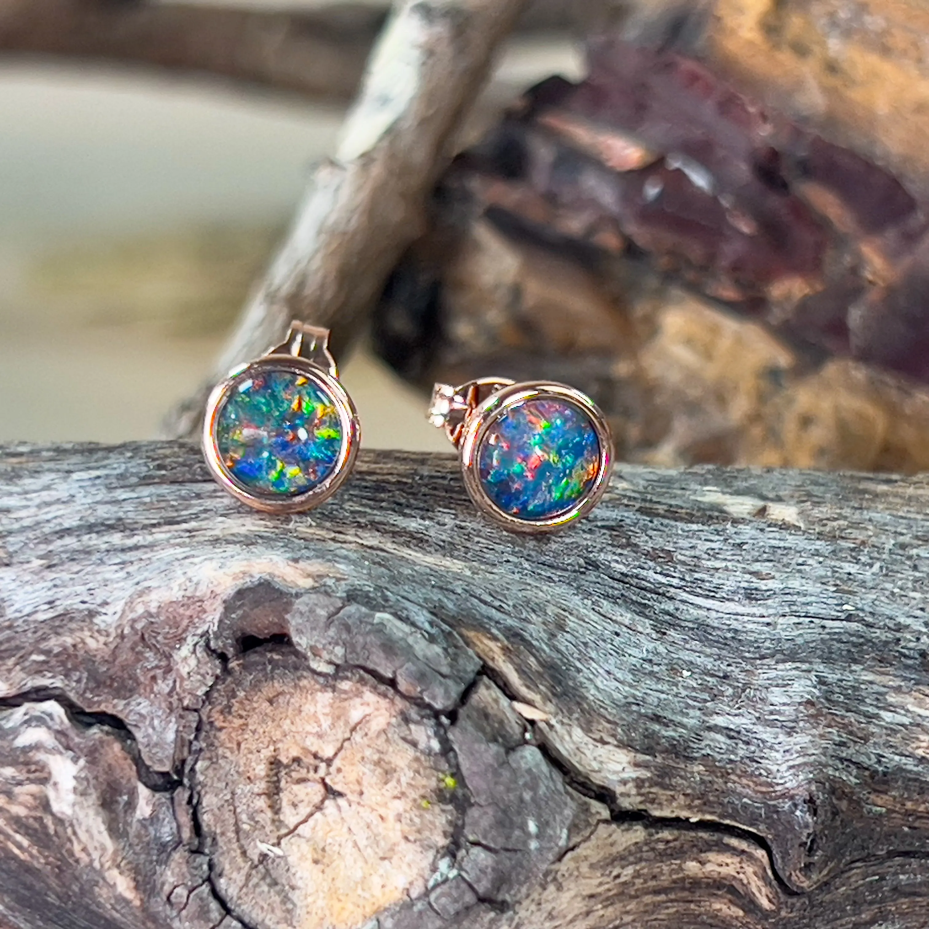 Rose Gold plated opal triplet 6mm round studs