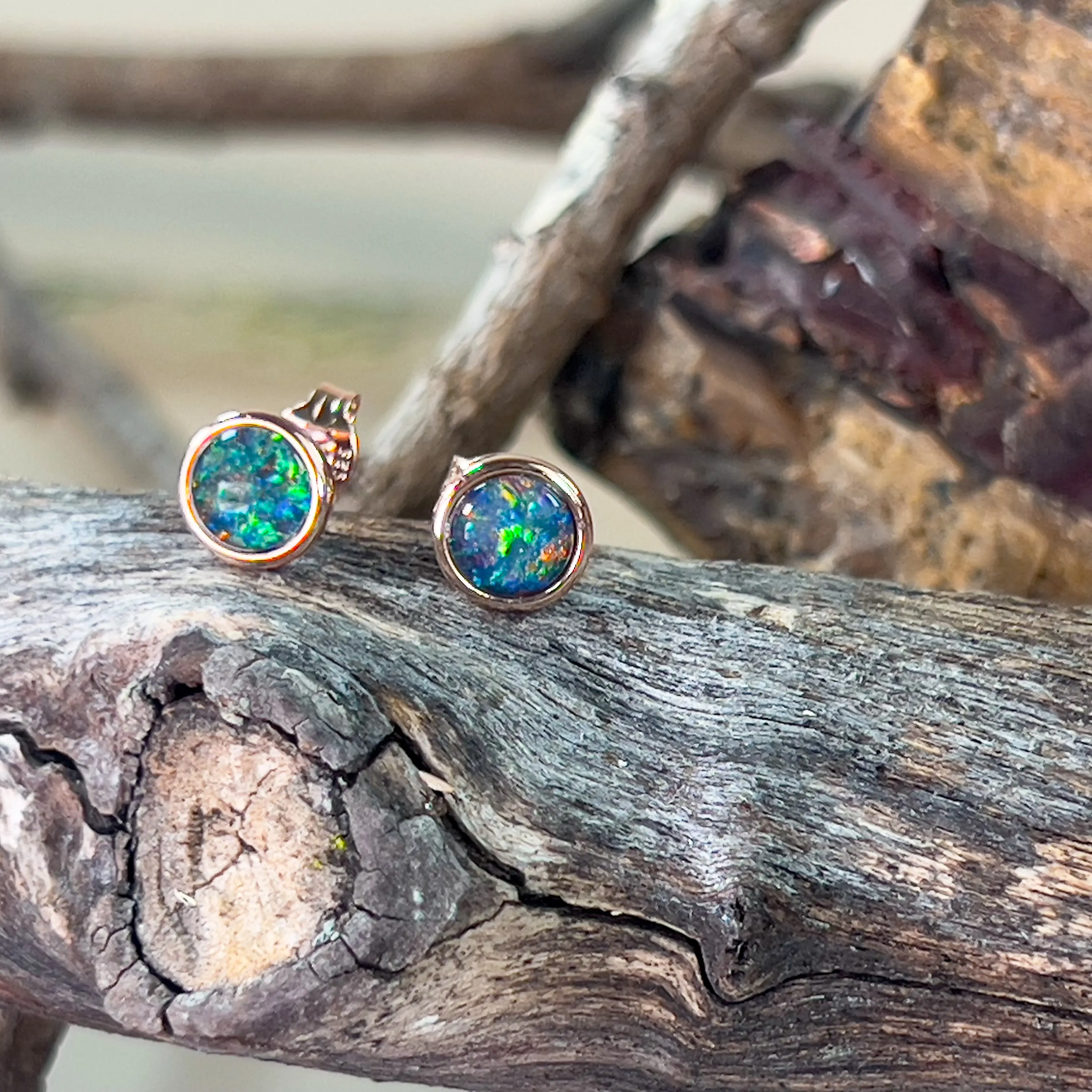 Rose Gold plated opal triplet 6mm round studs