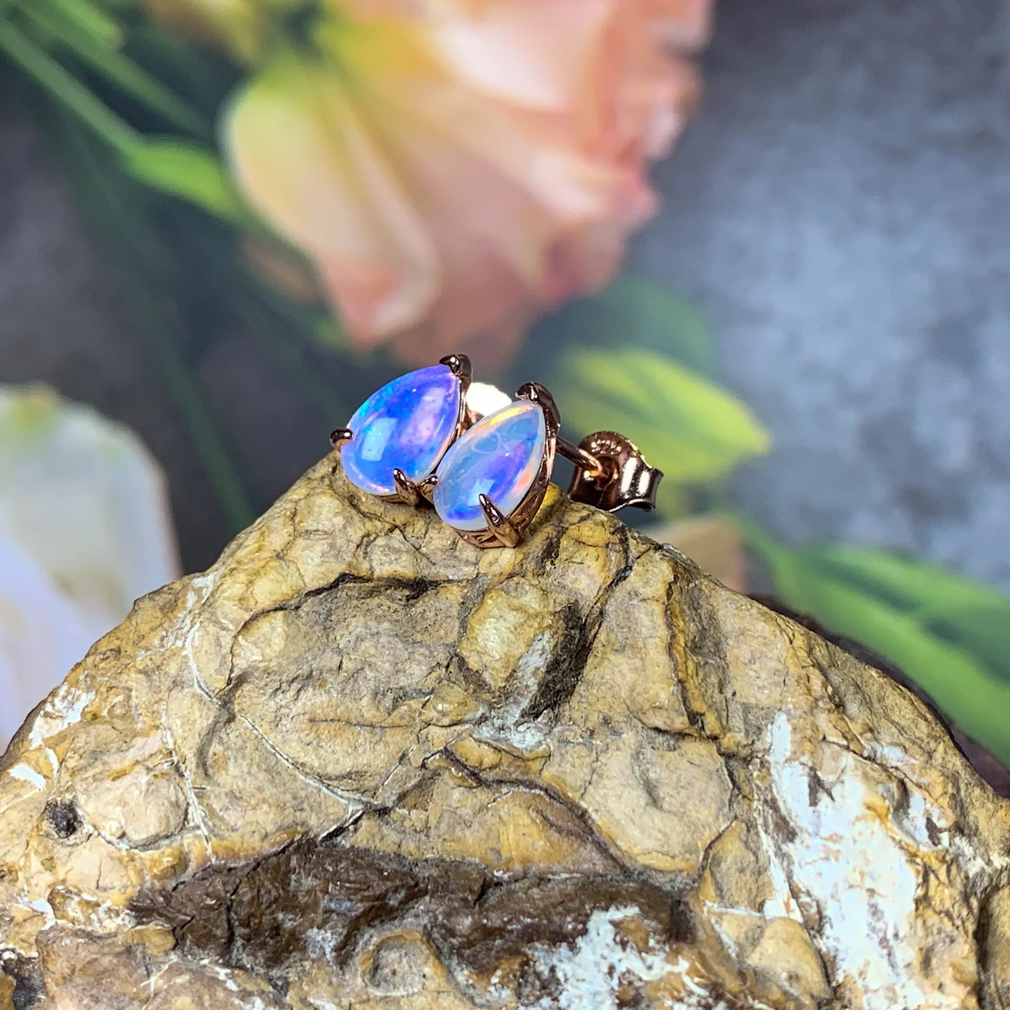 Rose Gold plated silver 8x5mm Pear shape White Opal studs