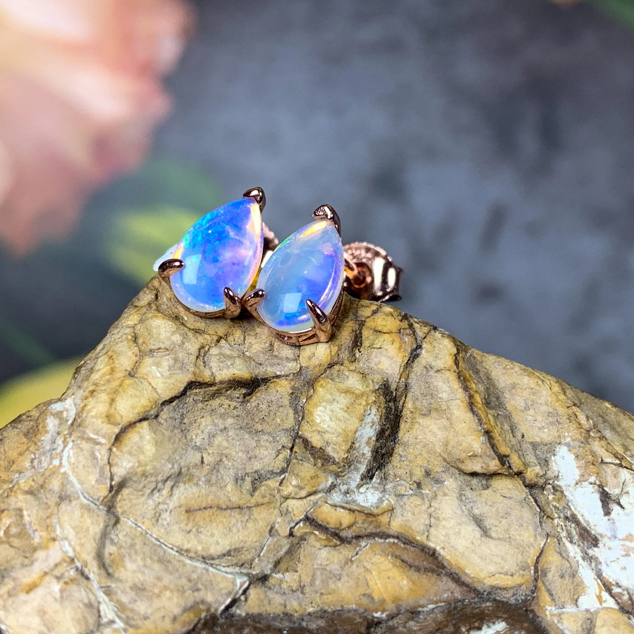 Rose Gold plated silver 8x5mm Pear shape White Opal studs