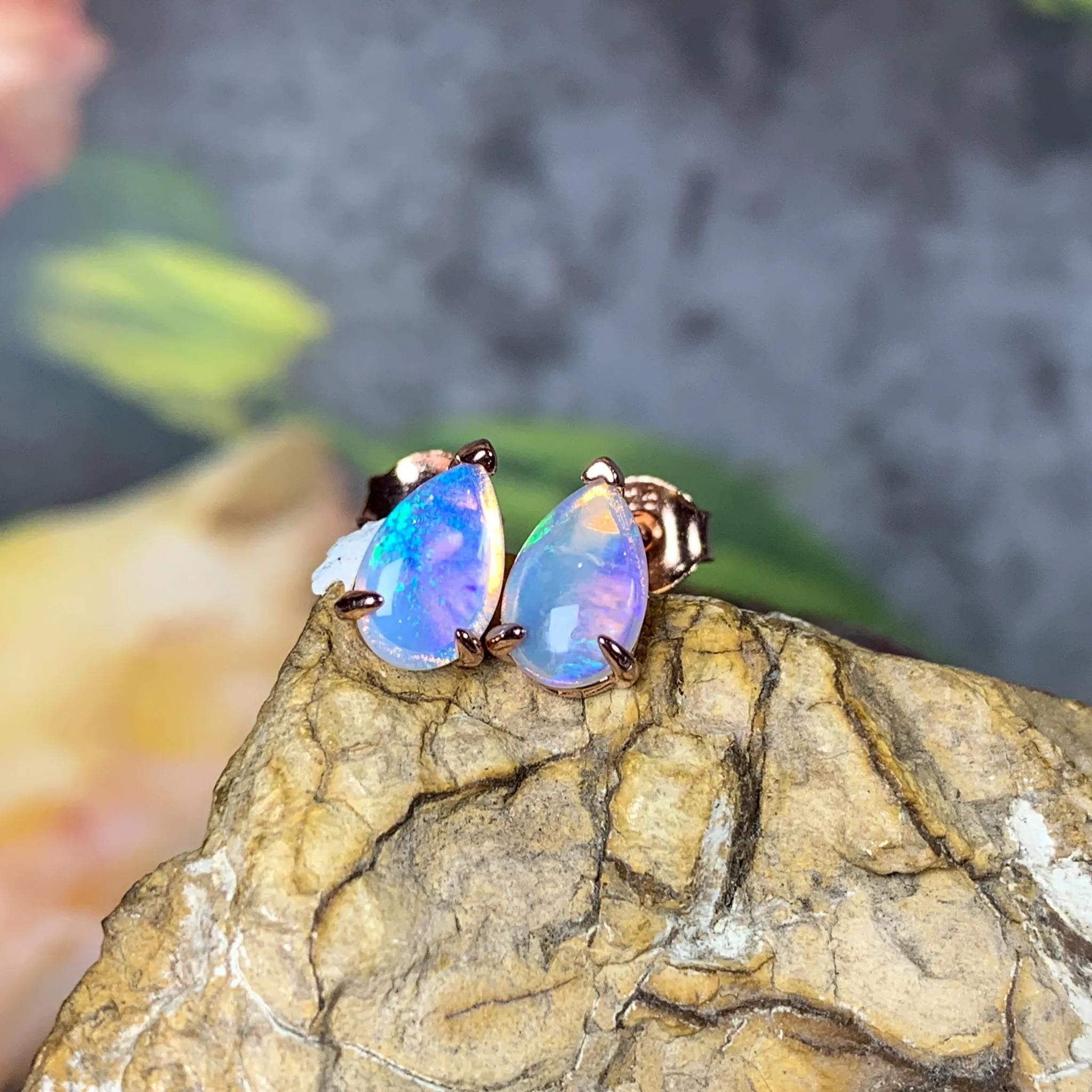 Rose Gold plated silver 8x5mm Pear shape White Opal studs