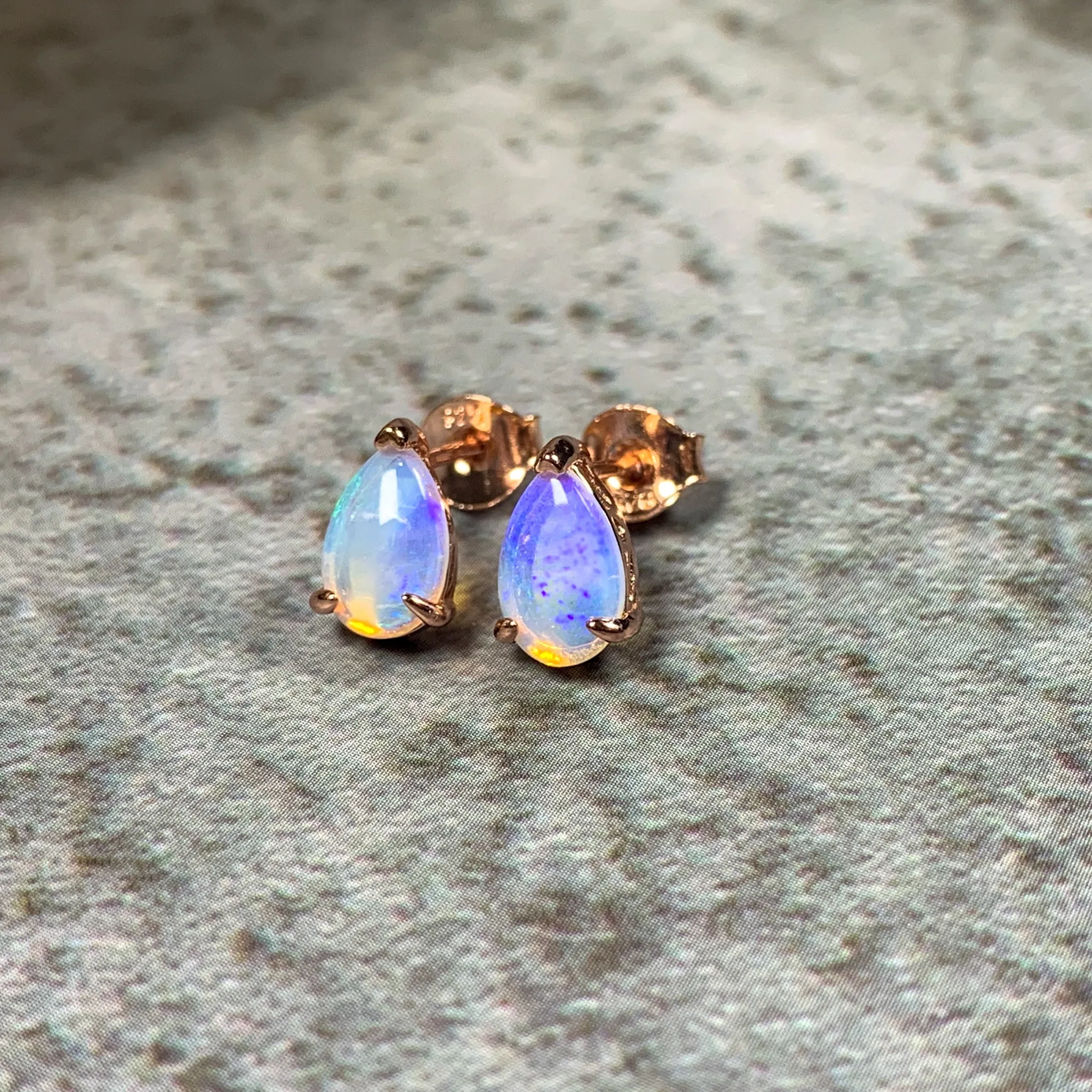 Rose Gold plated silver 8x5mm Pear shape White Opal studs