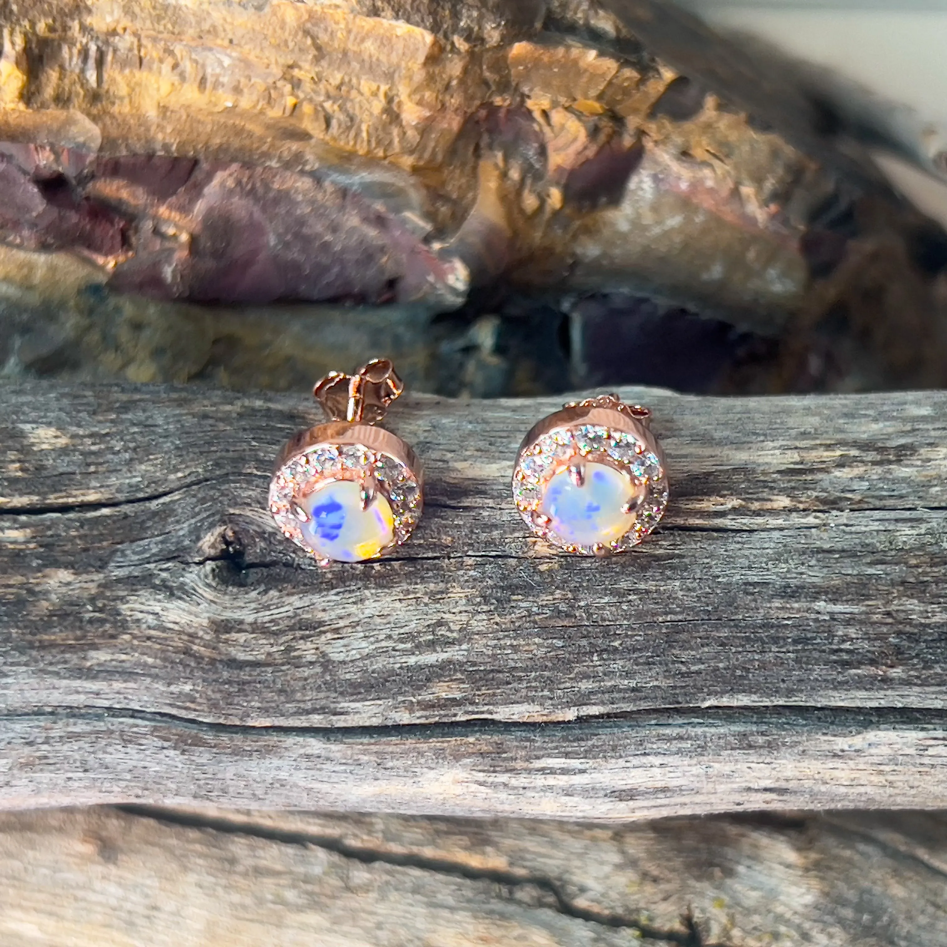 Rose Gold plated Sterling Silver 5mm Light Opal halo stud earrings